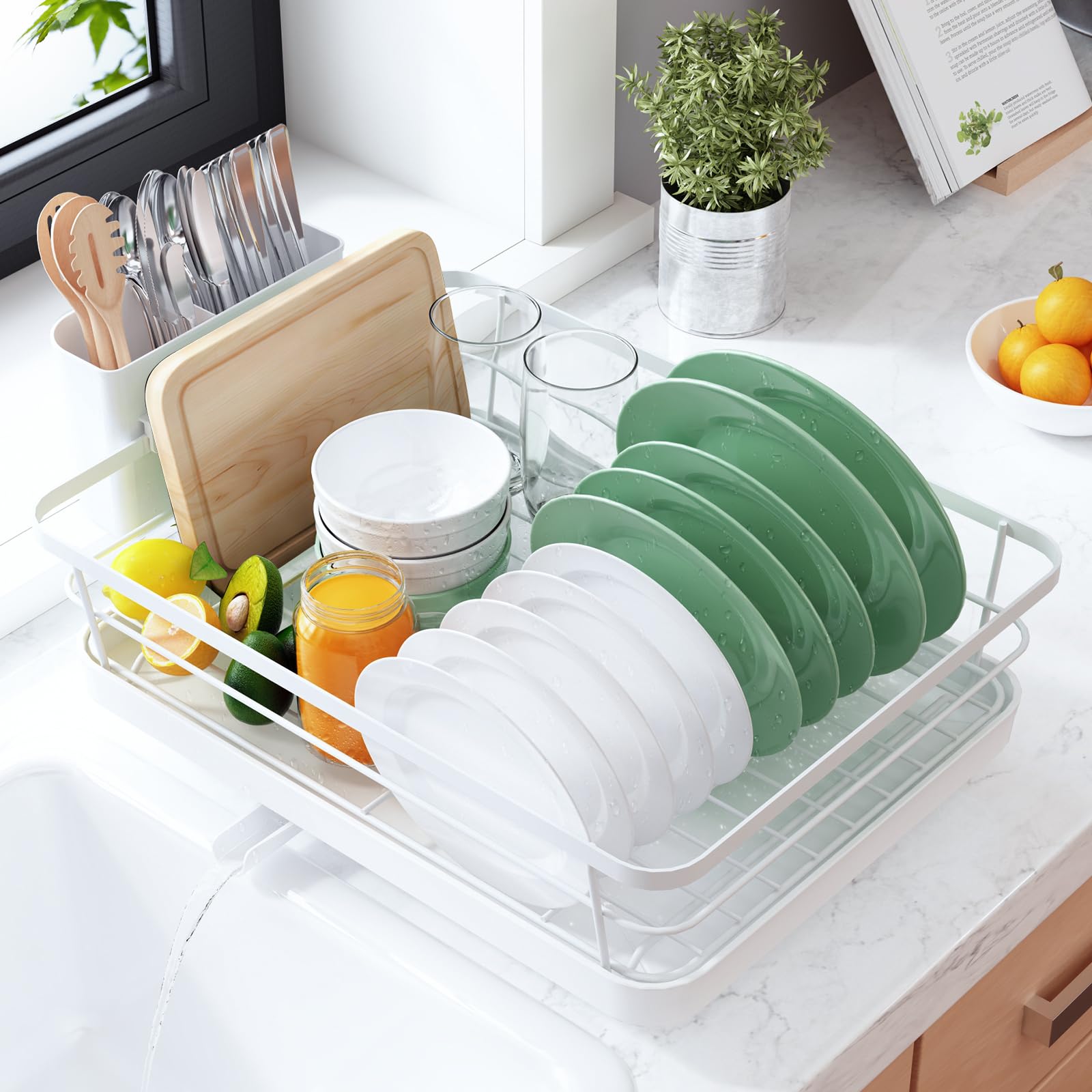 Kitsure Dish Drying Rack for Kitchen Counter, Stainless Steel Sink Organization and Storage Essentials with Cutlery Holder, Home and Appartment Decor, 12''W x 15.5''L, Black
