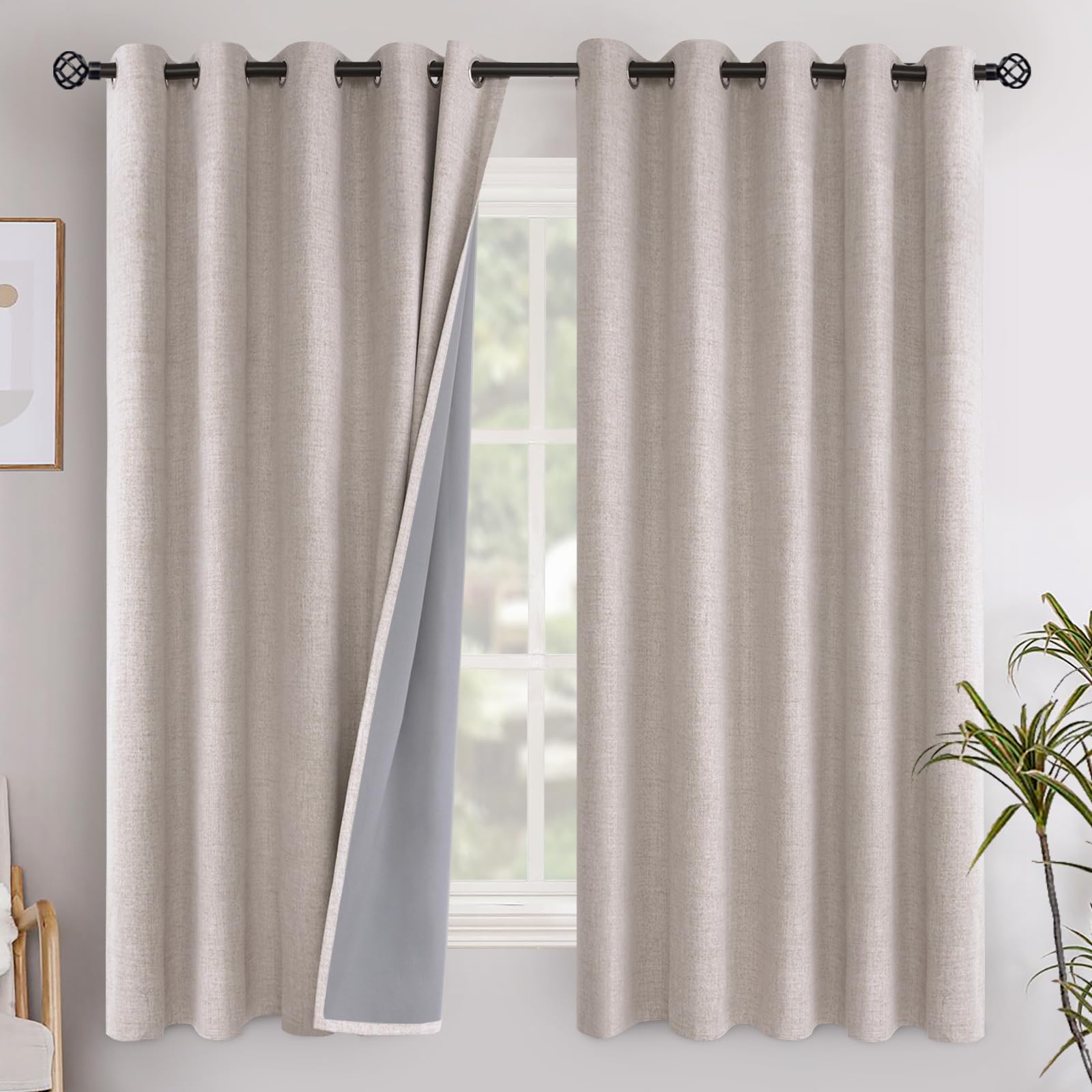 YoungsTex Linen Blackout Curtains 63 Inch Length for Bedroom, Room Darkening Window Drapes with Grommet Thermal Insulated Black Out Blinds for Living Room, 2 Panels, 52 X 63 Inch, Beige
