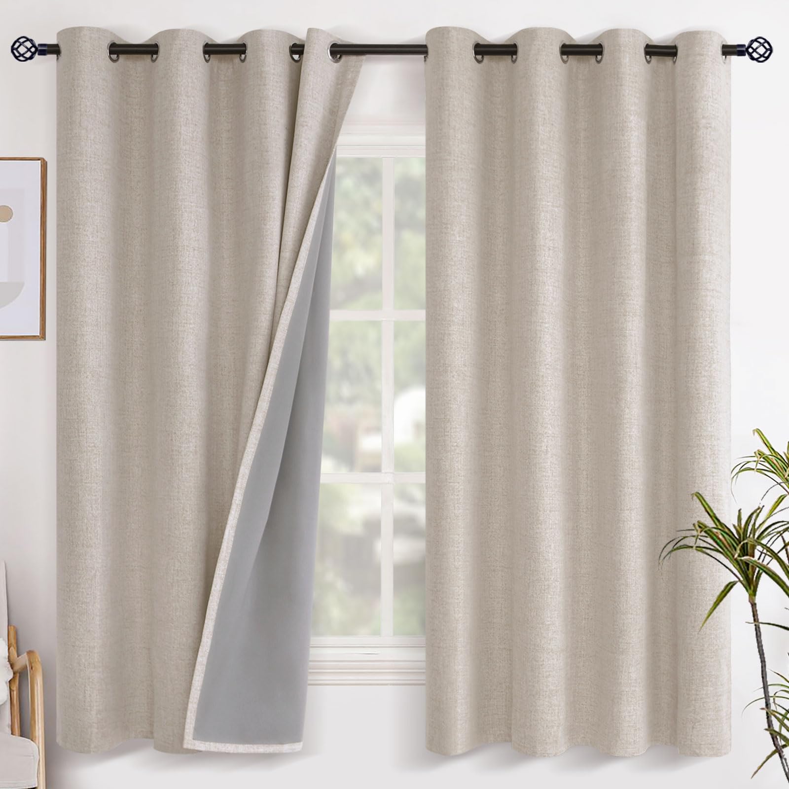 YoungsTex Linen Blackout Curtains 63 Inch Length for Bedroom, Room Darkening Window Drapes with Grommet Thermal Insulated Black Out Blinds for Living Room, 2 Panels, 52 X 63 Inch, Beige