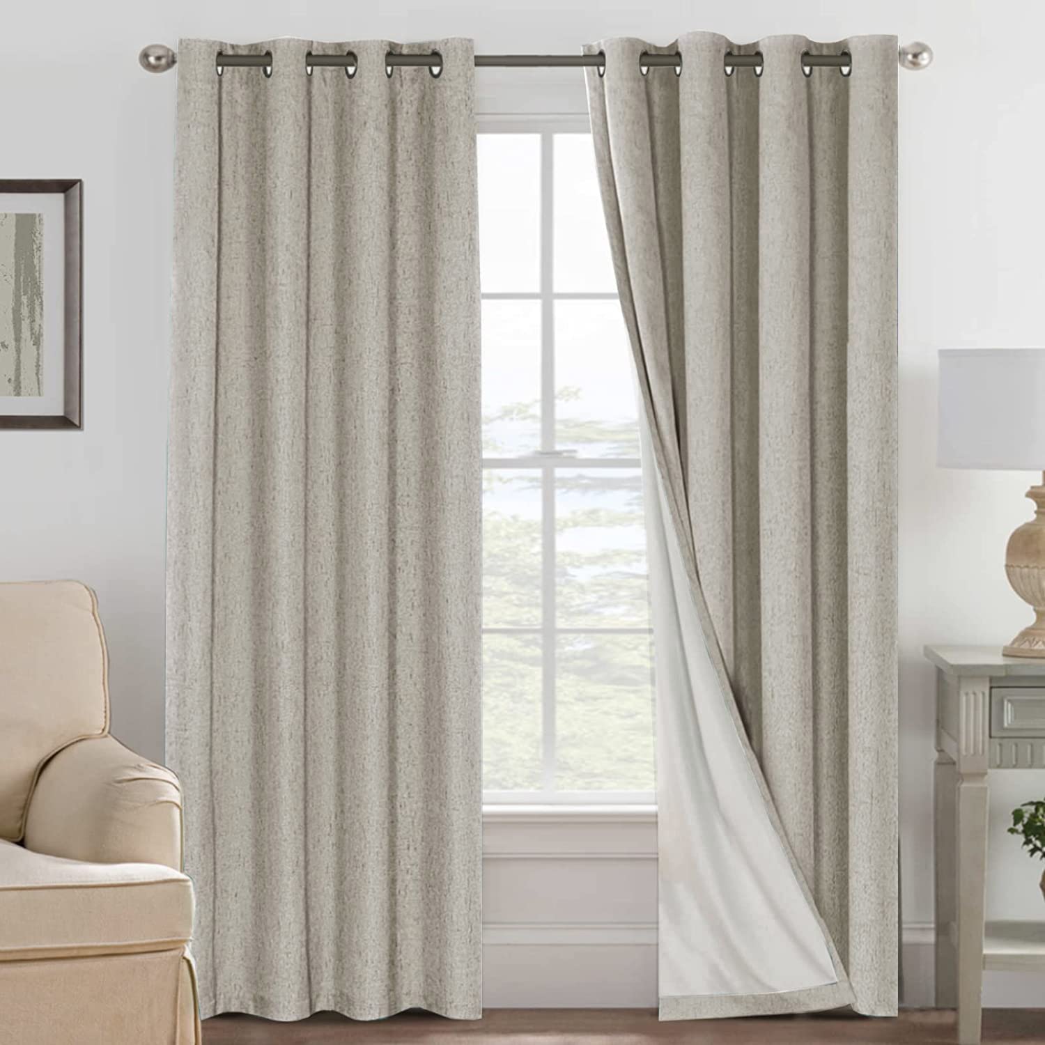 H.VERSAILTEX 100% Blackout Curtains Ivory, Linen Blackout Curtains 96 inch Curtains 2 Panel Set, Elegant Curtain for Bedroom Grommet Drapes for Living Room