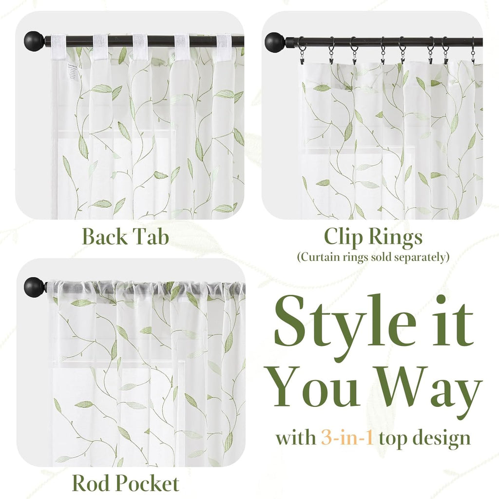 Lazzzy Sheer Curtains Embroidered Floral Leaf Voile Drapes for Bedroom Living Room Back Tabs Window Treatments 2 Panels 84 Inches Green on White