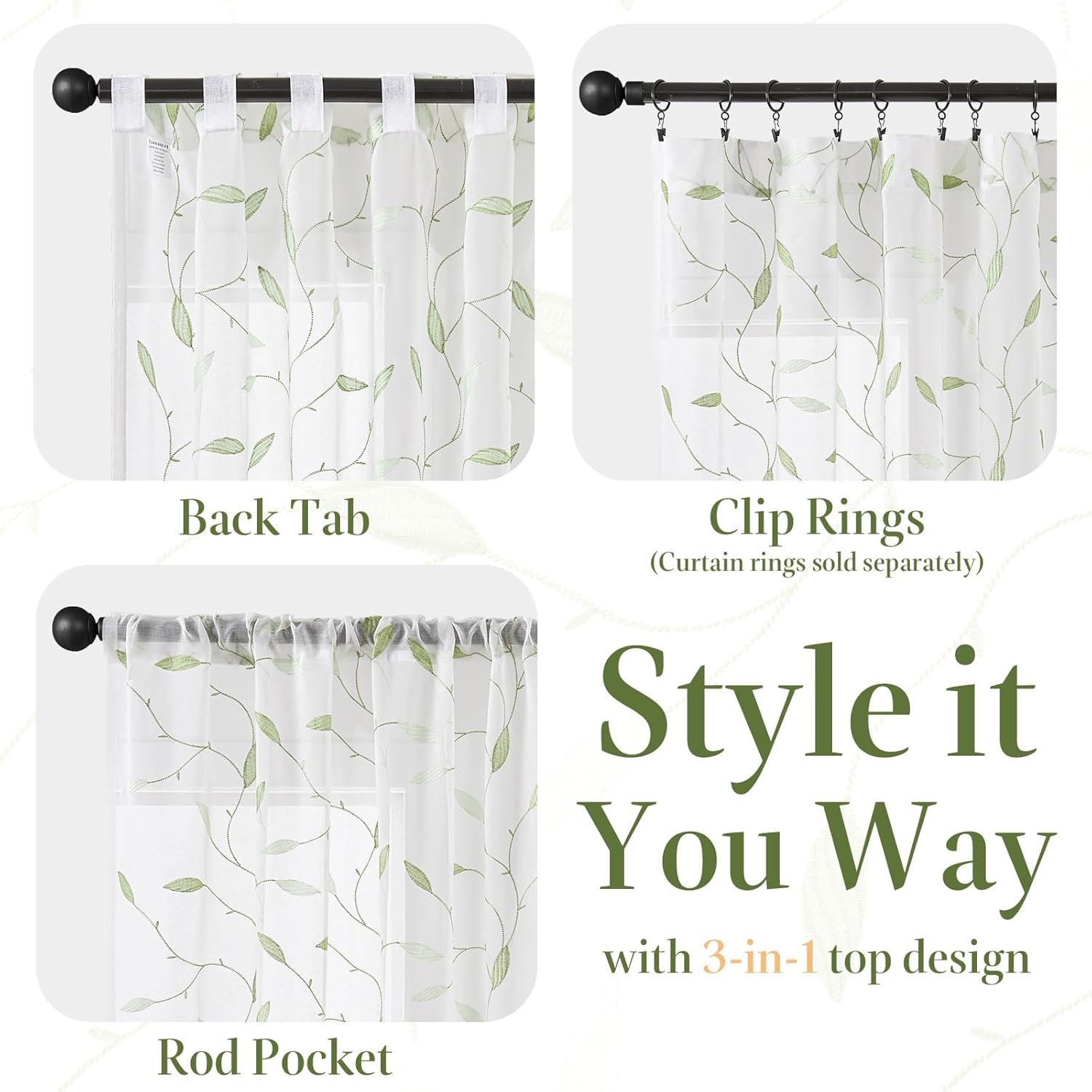 Lazzzy Sheer Curtains Embroidered Floral Leaf Voile Drapes for Bedroom Living Room Back Tabs Window Treatments 2 Panels 84 Inches Green on White