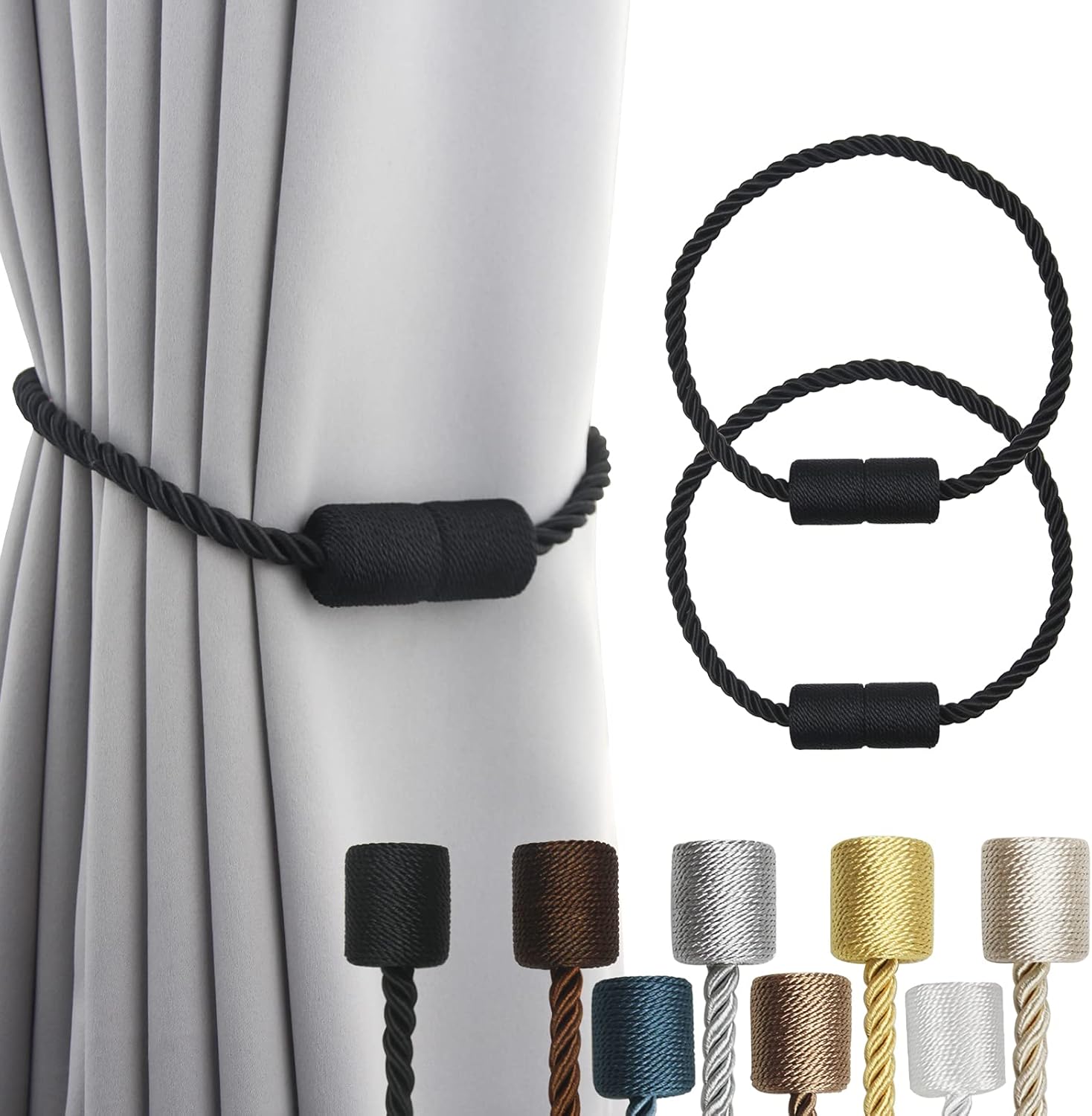 2 Pack Black Magnetic Rope Curtain Tiebacks