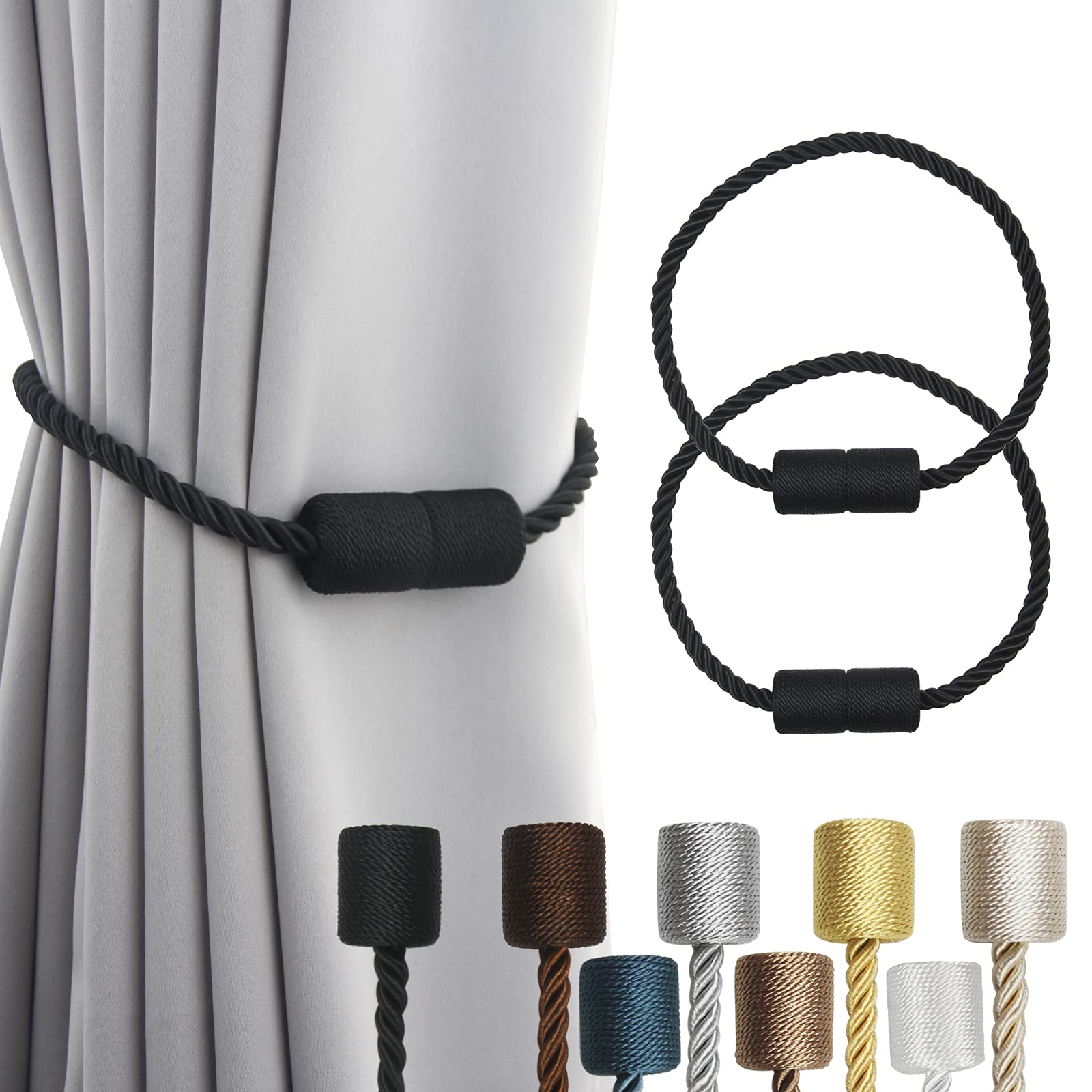 2 Pack Black Magnetic Rope Curtain Tiebacks