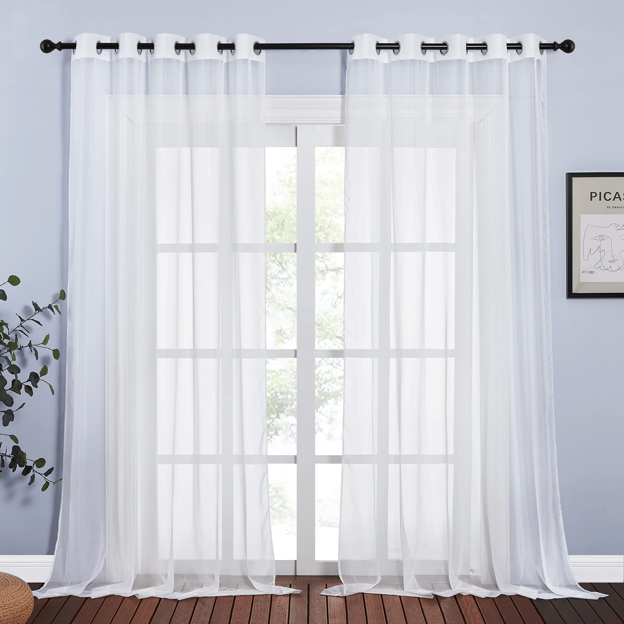 NICETOWN Sheer Curtains Panel 72" Long - Ring Top Window Treatment Sheer Voile Drapes for Bedroom/Living Room (White, Set of 2, W54 x L72)