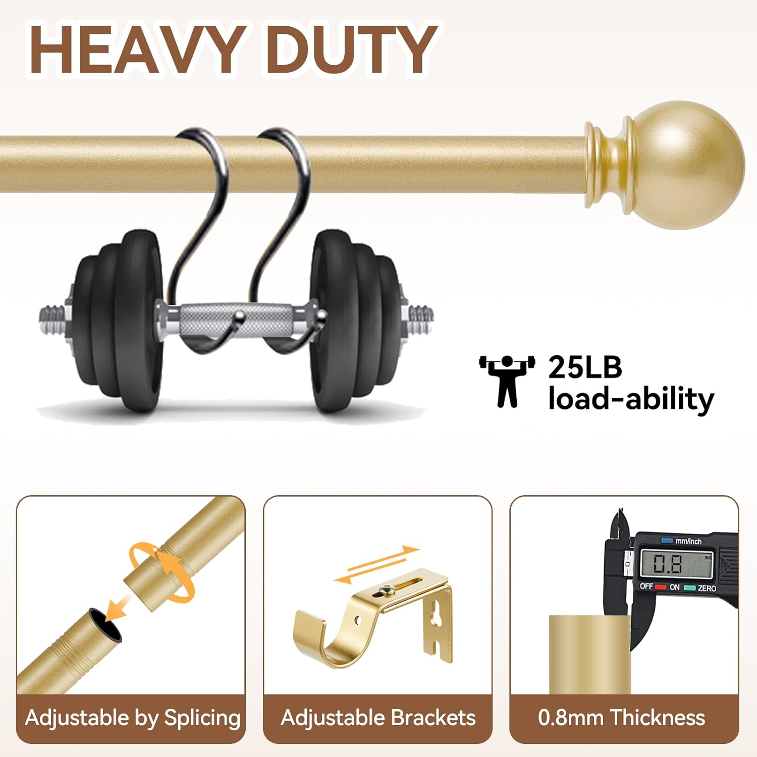 Gold Curtain Rod for Windows 28 to 48 Inch,2 Pack 5/8 Inch Diameter Adjustable Rod With Brackets,Heavy Duty Easy to Install Outdoor Curtain Rods for Bedroom,Patio