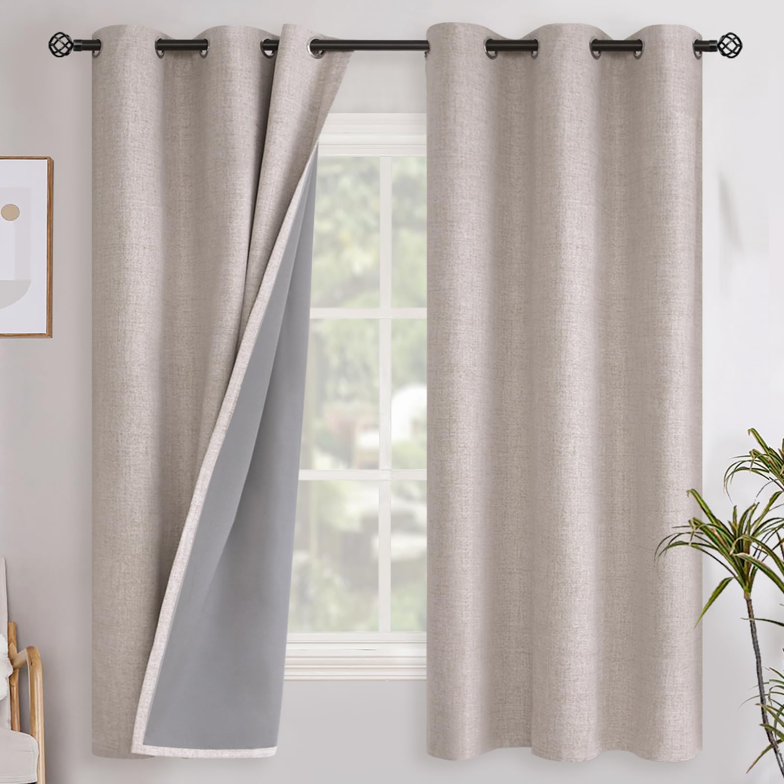 YoungsTex Linen Blackout Curtains 63 Inch Length for Bedroom, Room Darkening Window Drapes with Grommet Thermal Insulated Black Out Blinds for Living Room, 2 Panels, 52 X 63 Inch, Beige