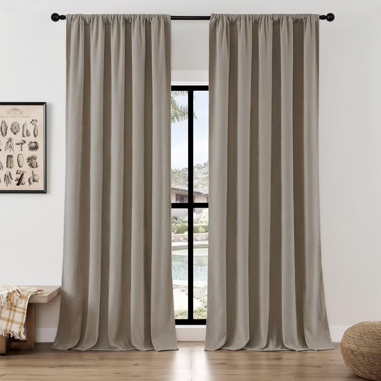 Joydeco Curtains, 108 Inches Long, 2 Panels Set, Farmhouse Drapes for Living Room, Semi-Blackout, Linen-Polyester, Ivory on Linen, Rod Pocket