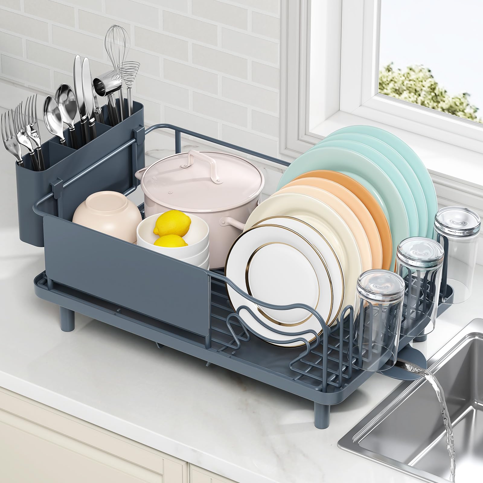Dish Drying Rack Large Capacity - Stainless Steel Dish Rack for Kitchen Counter with Drain Board, Rustproof Dish Drainer with Auto Drain Spout Utensil Holder Glass Holder, Dinnerware Organizer, Gray