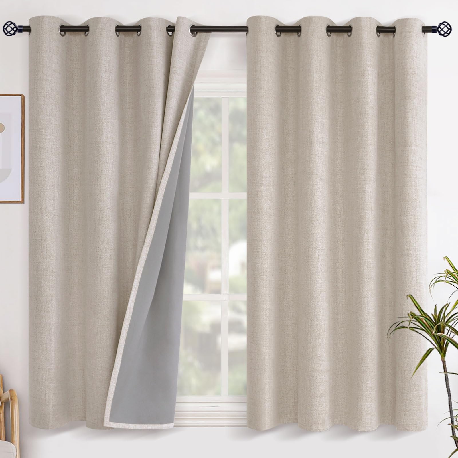 YoungsTex Linen Blackout Curtains 63 Inch Length for Bedroom, Room Darkening Window Drapes with Grommet Thermal Insulated Black Out Blinds for Living Room, 2 Panels, 52 X 63 Inch, Beige