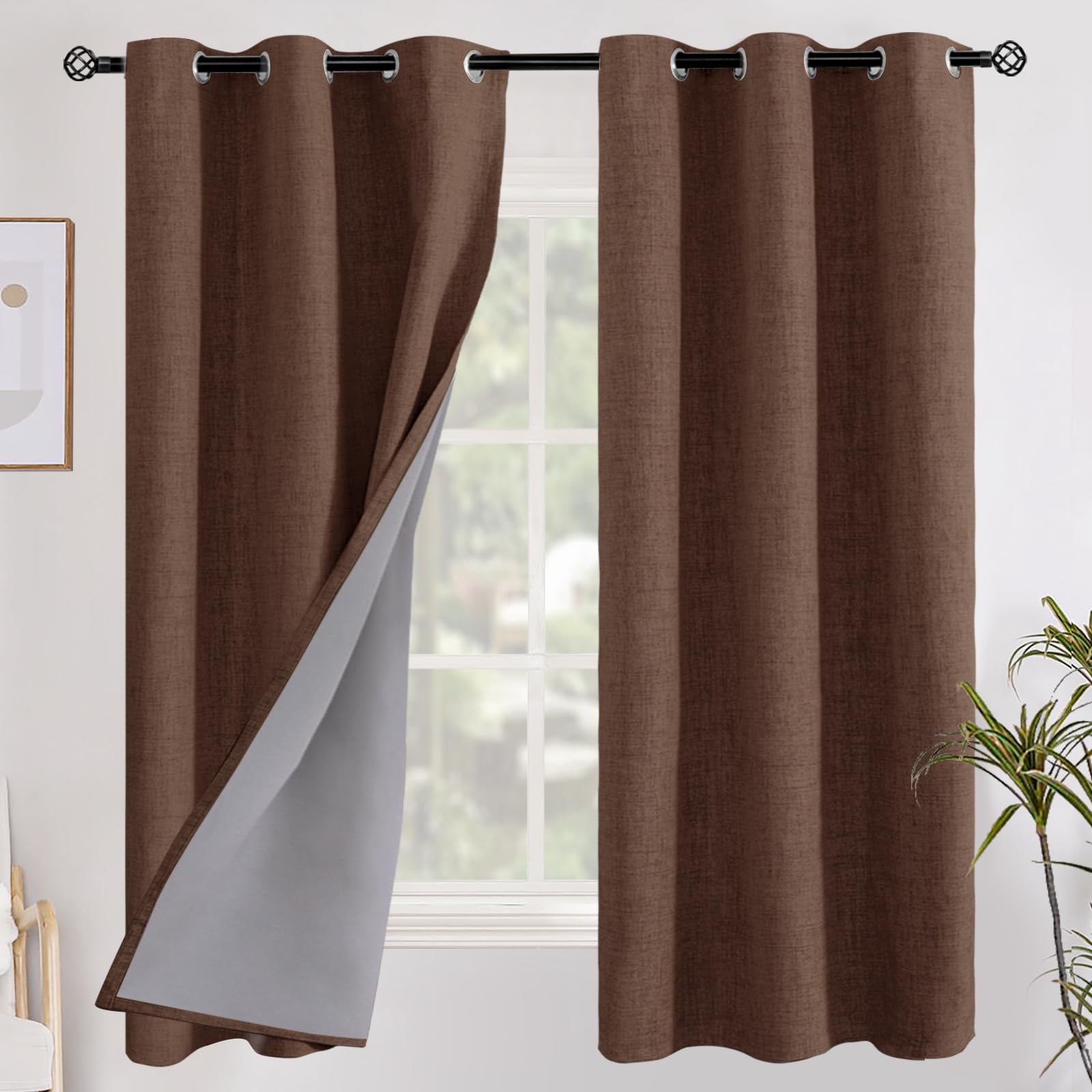 YoungsTex Linen Blackout Curtains 63 Inch Length for Bedroom, Room Darkening Window Drapes with Grommet Thermal Insulated Black Out Blinds for Living Room, 2 Panels, 52 X 63 Inch, Beige