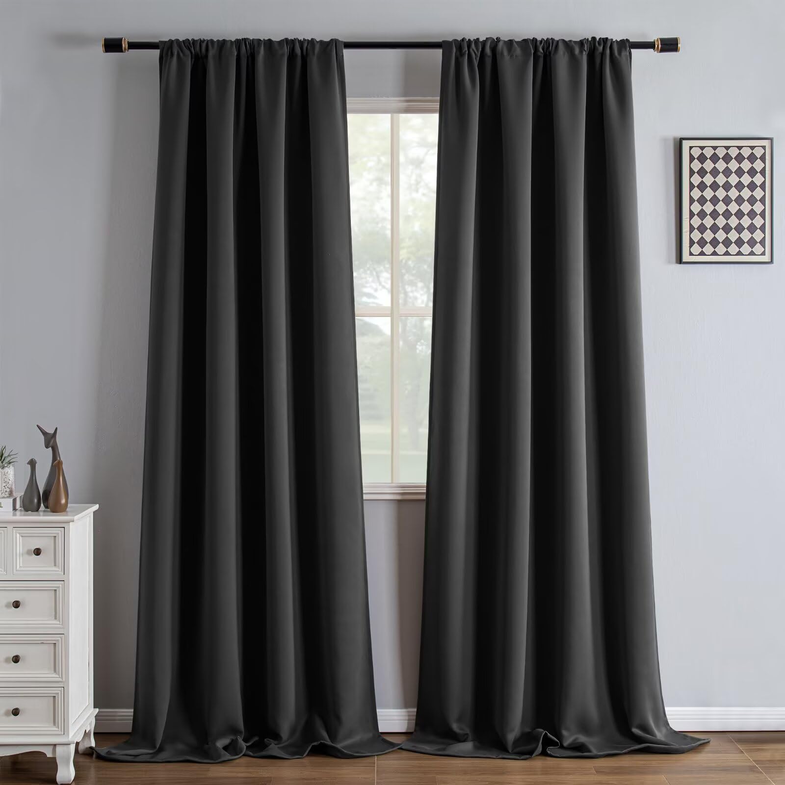 IGEMAEVE Black 100% Blackout Curtains 84 Inch Length 2 Panels Set, Black Out Curtains for Bedroom 84 Inch Long, Rod Pocket Energy Saving Room Darkening Drapes for Living Room Dining Room Window