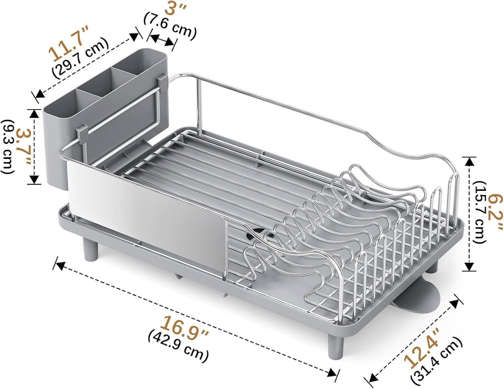 Dish Drying Rack Large Capacity - Stainless Steel Dish Rack for Kitchen Counter with Drain Board, Rustproof Dish Drainer with Auto Drain Spout Utensil Holder Glass Holder, Dinnerware Organizer, Gray