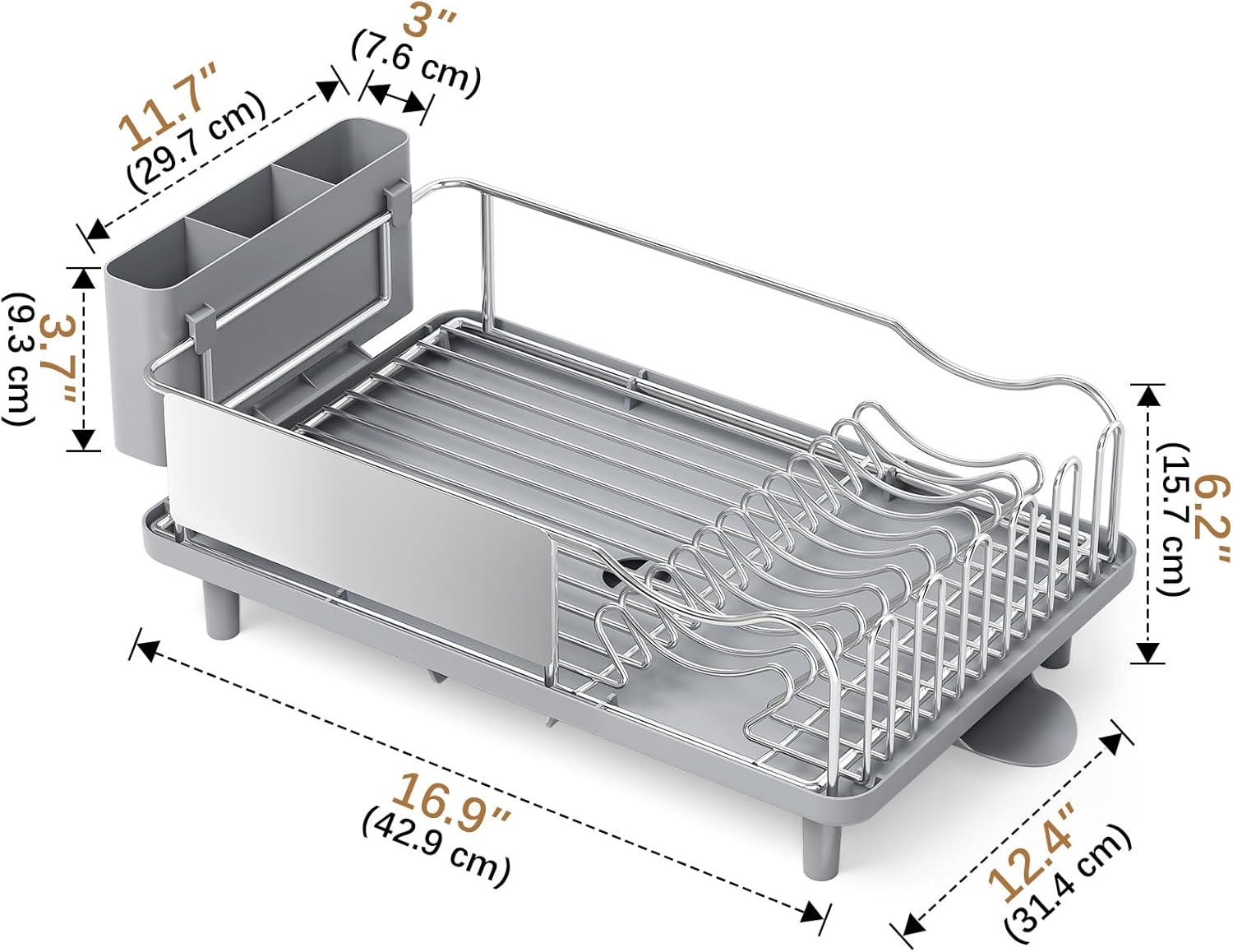 Dish Drying Rack Large Capacity - Stainless Steel Dish Rack for Kitchen Counter with Drain Board, Rustproof Dish Drainer with Auto Drain Spout Utensil Holder Glass Holder, Dinnerware Organizer, Gray