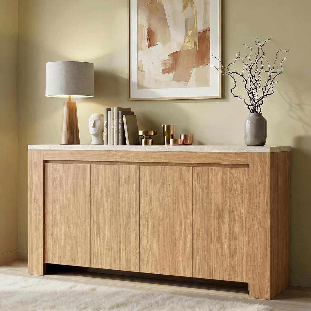 Buffet Cabinet with Storage, 63" Sideboard Buffet Accent Cabinet with Faux Marble Top & 4 Doors, Modern Buffet Table Credenza Cabinets for Living Room, Dining Room, Kitchen（Natural Oak）