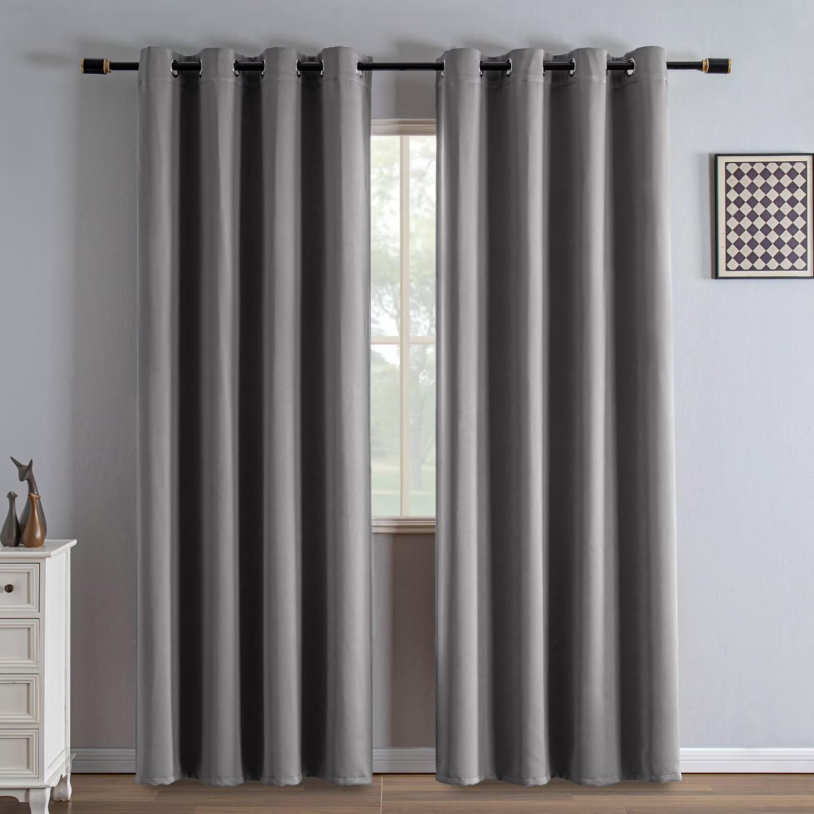 IGEMAEVE Black 100% Blackout Curtains 84 Inch Length 2 Panels Set, Black Out Curtains for Bedroom 84 Inch Long, Rod Pocket Energy Saving Room Darkening Drapes for Living Room Dining Room Window