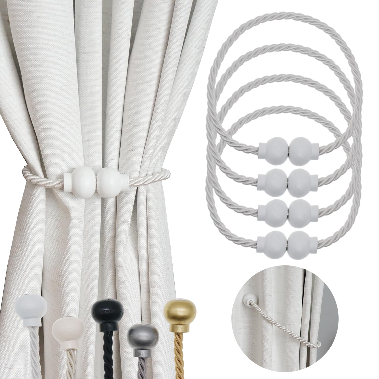 2 Pack Magnetic Curtain Tiebacks Modern Handmade Rope Curtain Tie Backs Decorative Drapes Weave Holdbacks for Home Outdoor Bedroom Office Decorative Curtain, Gold