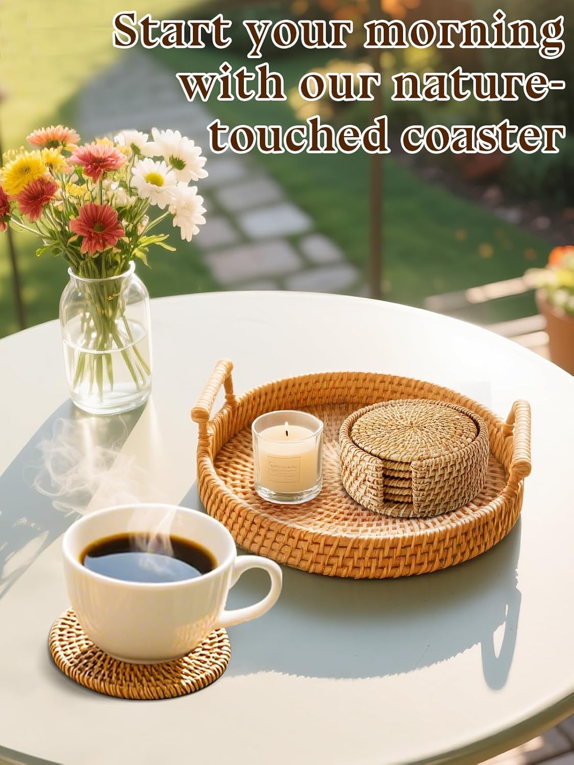 6pcs Natural Handmade Rattan Coasters with Holder - Wicker Drink Coasters Set, Housewarming Gifts Boho Summer Home Coastal Decor