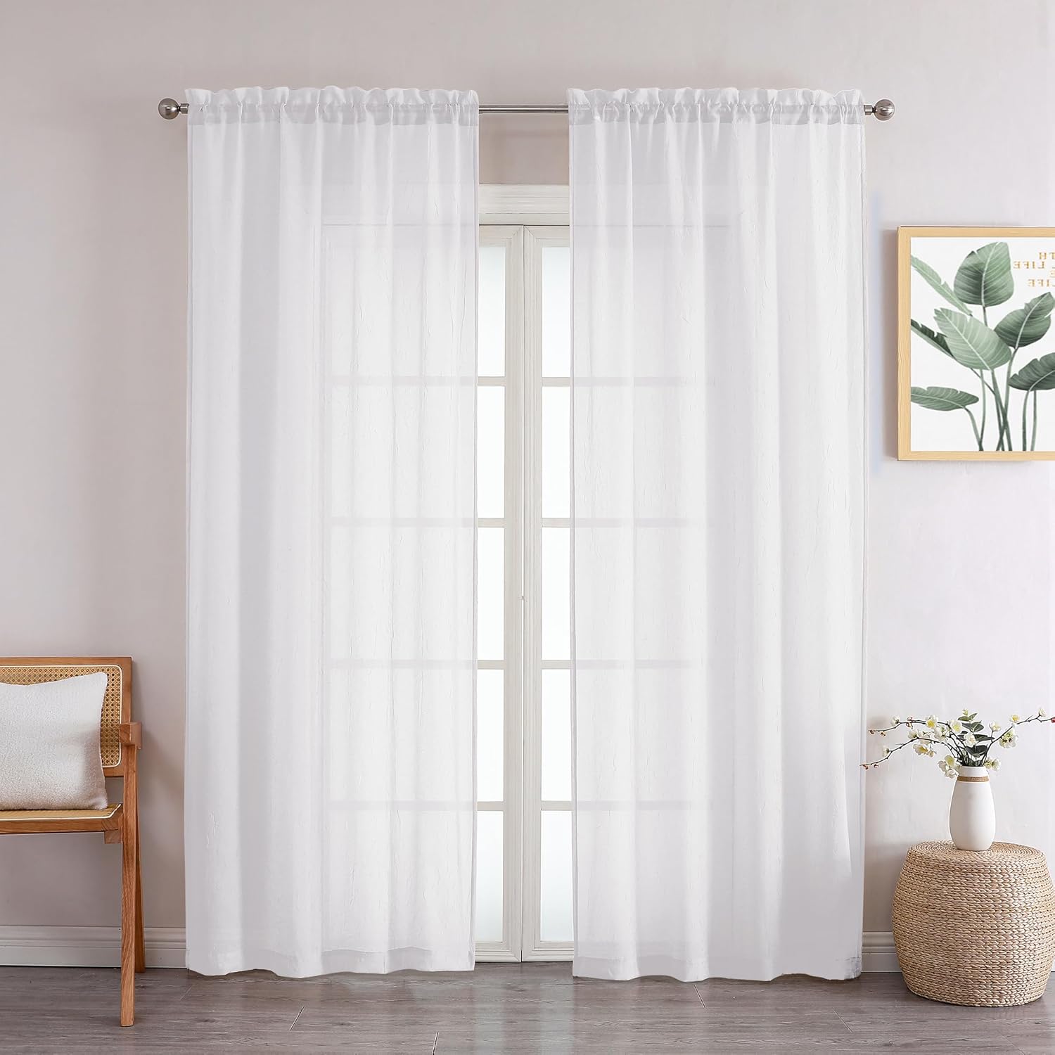 Chyhomenyc Crushed Sheer White Curtains 84 Inch Length 2 Panels, Light Filtering Solid Crinkle Voile Lightweight Textured Sheer Curtian for Bedroom, Each 42Wx84L Inches