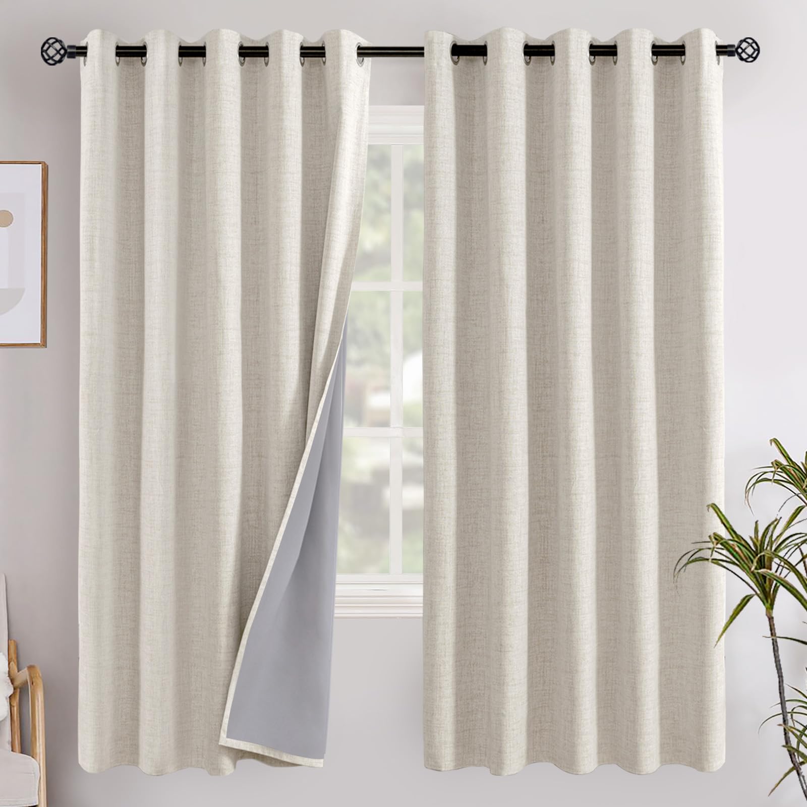 YoungsTex Linen Blackout Curtains 63 Inch Length for Bedroom, Room Darkening Window Drapes with Grommet Thermal Insulated Black Out Blinds for Living Room, 2 Panels, 52 X 63 Inch, Beige