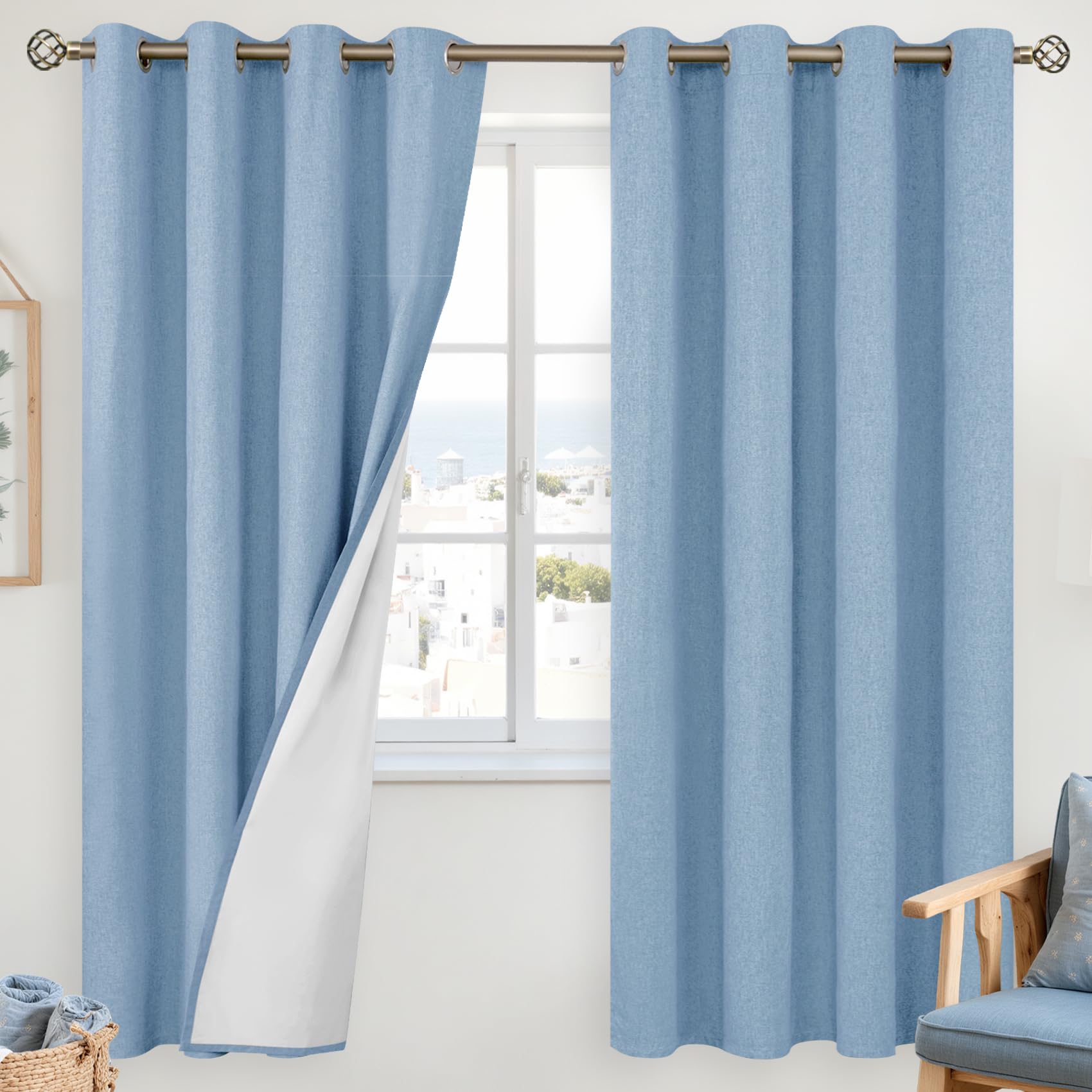 YoungsTex Linen Blackout Curtains 63 Inches Long for Bedroom, Room Darkening Window Drapes with Grommet Thermal Insulated Black Out for Living Room, 2 Panels, 52 X 63 Inch