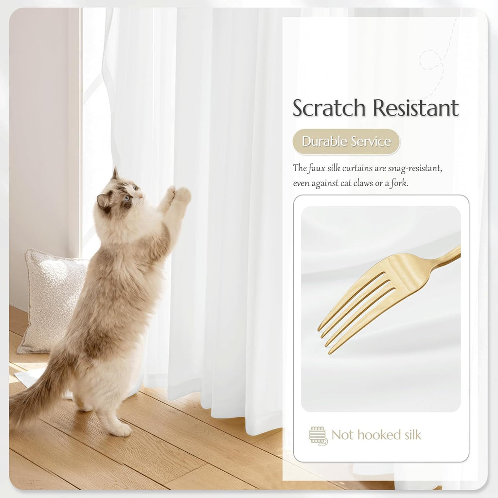 Beauoop Soft White Semi Sheer Curtains 84 Inches Long 2 Panels for Living Room Bedroom Faux Silk Light Filtering Non-See-Through Privacy Airy Rod Pocket Voile Window Treatment Drapes, 52x84 Set of 2