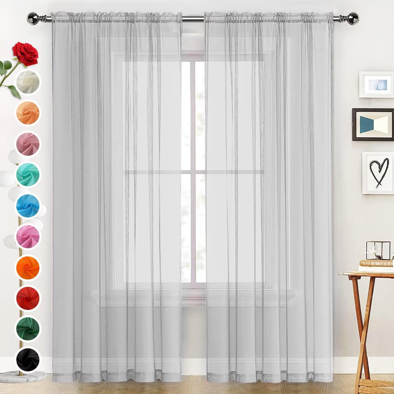 SpaceDresser Basic Rod Pocket Sheer Voile Window Curtain Panels White 1 Pair 2 Panels 52 Width 84 Inch Long for Kitchen Bedroom Children Living Room Yard(White,52 W x 84 L)