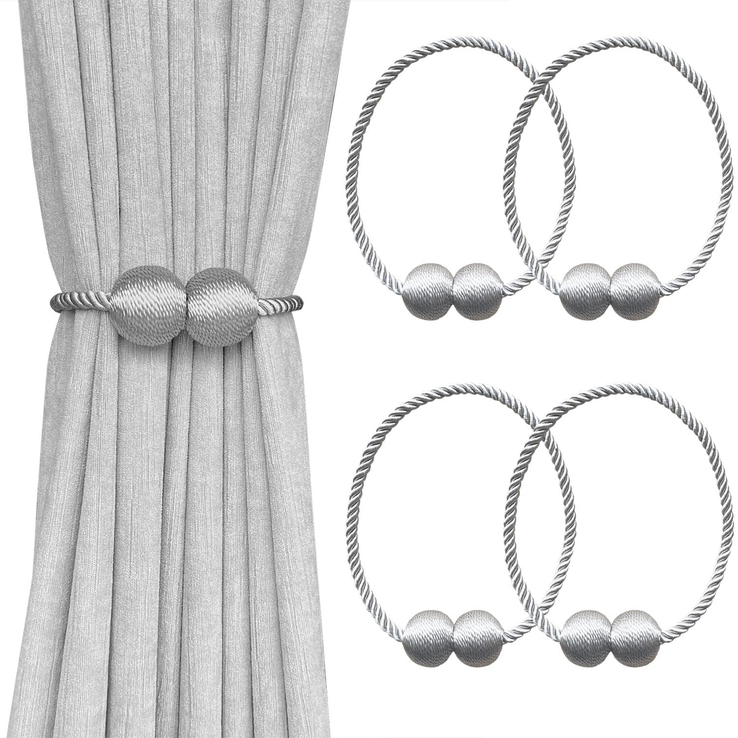 Melaluxe 6 Pack Magnetic Curtain Tiebacks, Decorative Curtain Holdbacks for Window Décor (Grey)