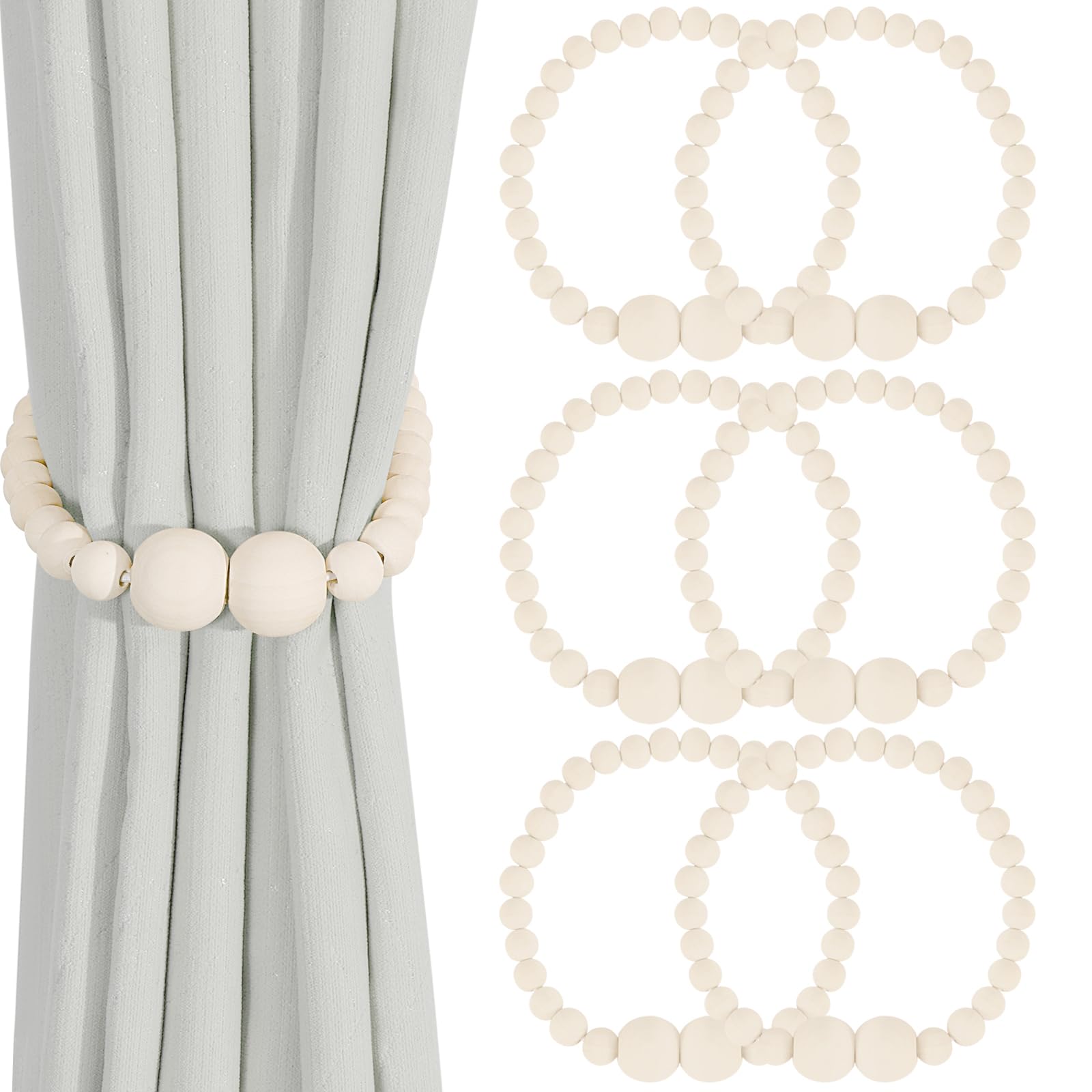 Magnetic Curtain Tiebacks, 2 Pack Curtain Holdbacks for Draperies, Wood Bead Curtain Tiebacks, Elegant Curtain Tie Backs for Bedroom Decor, Boho Room Decor, Nursery Decor, Farmhouse Decor