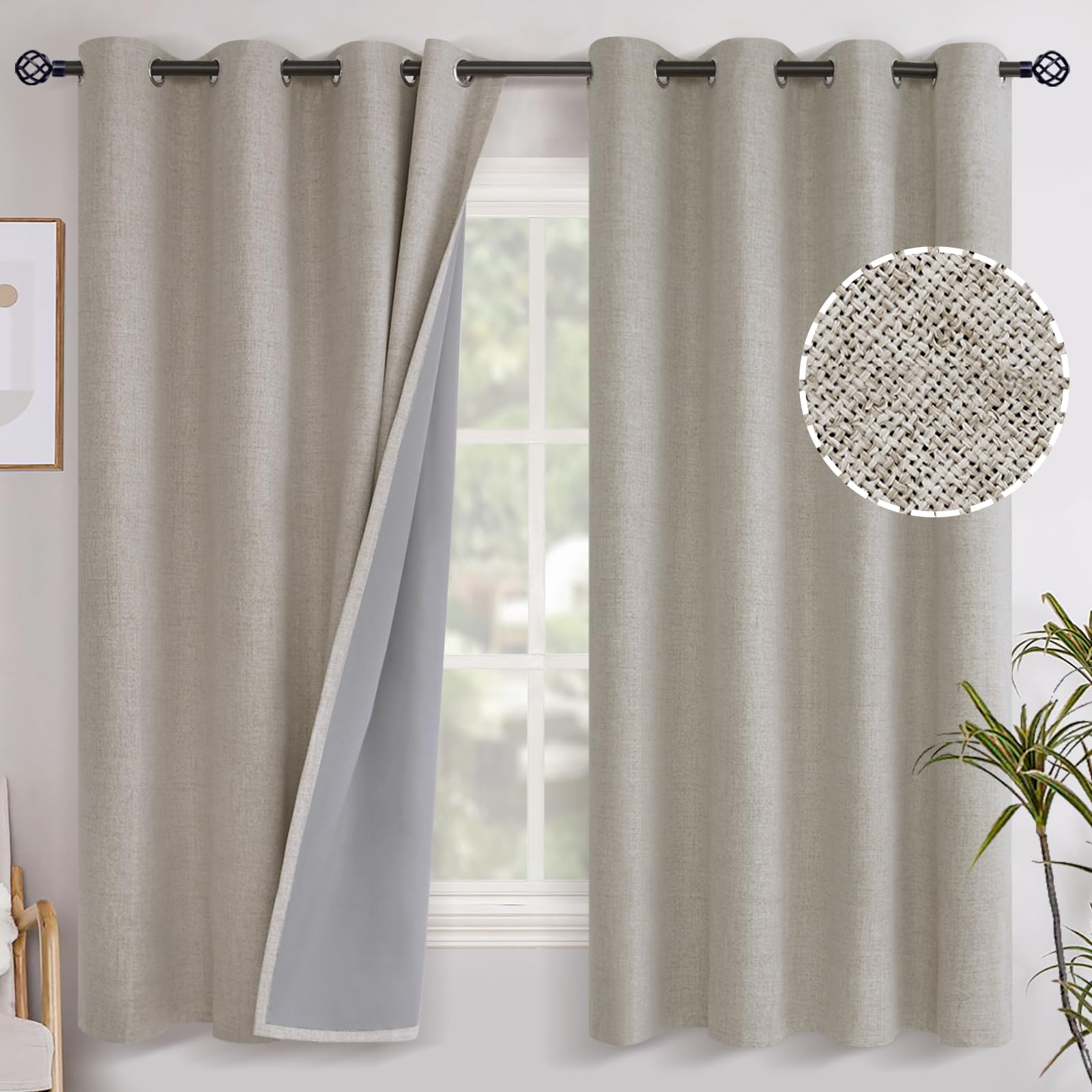 YoungsTex Linen Blackout Curtains 63 Inch Length for Bedroom, Room Darkening Window Drapes with Grommet Thermal Insulated Black Out Blinds for Living Room, 2 Panels, 52 X 63 Inch, Beige