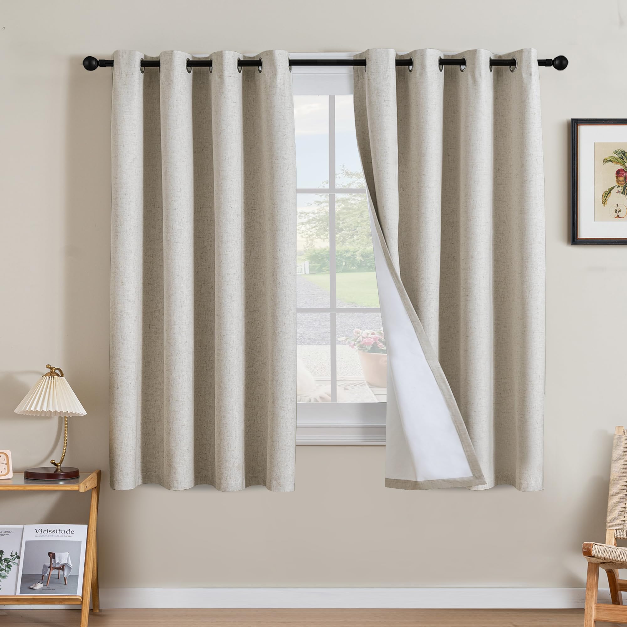 H.VERSAILTEX 100% Blackout Curtains Ivory, Linen Blackout Curtains 96 inch Curtains 2 Panel Set, Elegant Curtain for Bedroom Grommet Drapes for Living Room