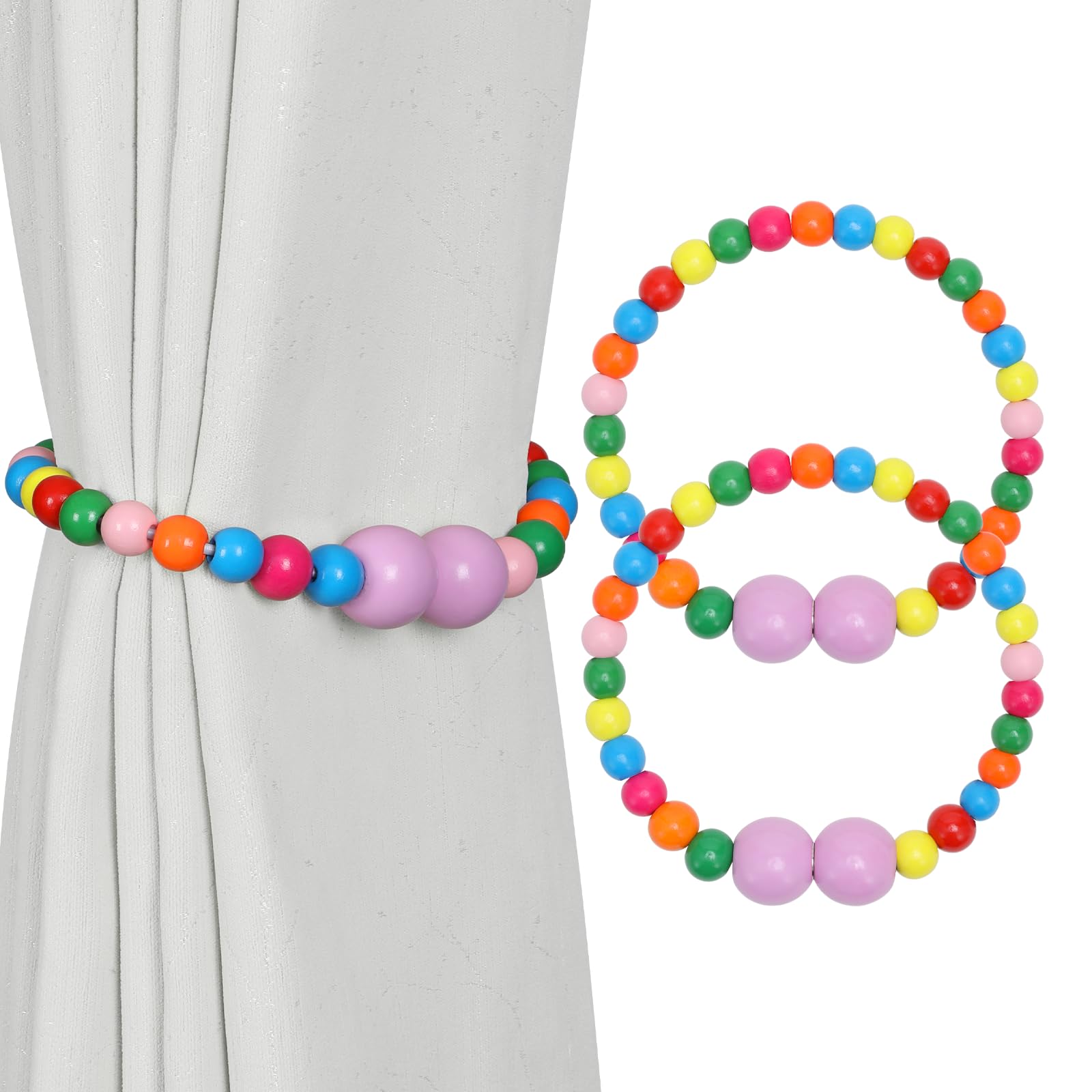 Magnetic Curtain Tiebacks, 2 Pack Curtain Holdbacks for Draperies, Wood Bead Curtain Tiebacks, Elegant Curtain Tie Backs for Bedroom Decor, Boho Room Decor, Nursery Decor, Farmhouse Decor