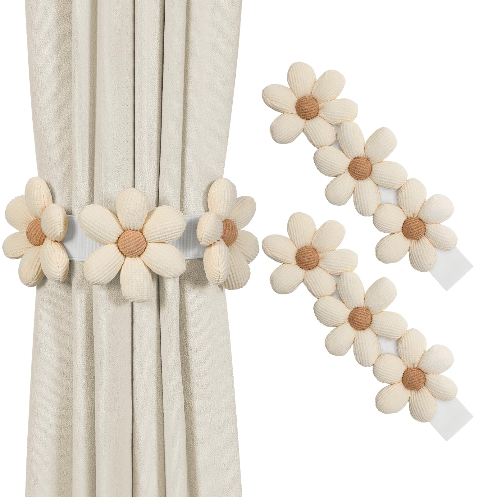 KLOGTSIND Flower Curtain Tiebacks, 2 Pack Boho Curtain Ties Elegant DIY Curtain Holdbacks, Decorative Window Drape Twist Tie Backs for Bedroom Decor, Nursery Decor, Farmhouse Decor