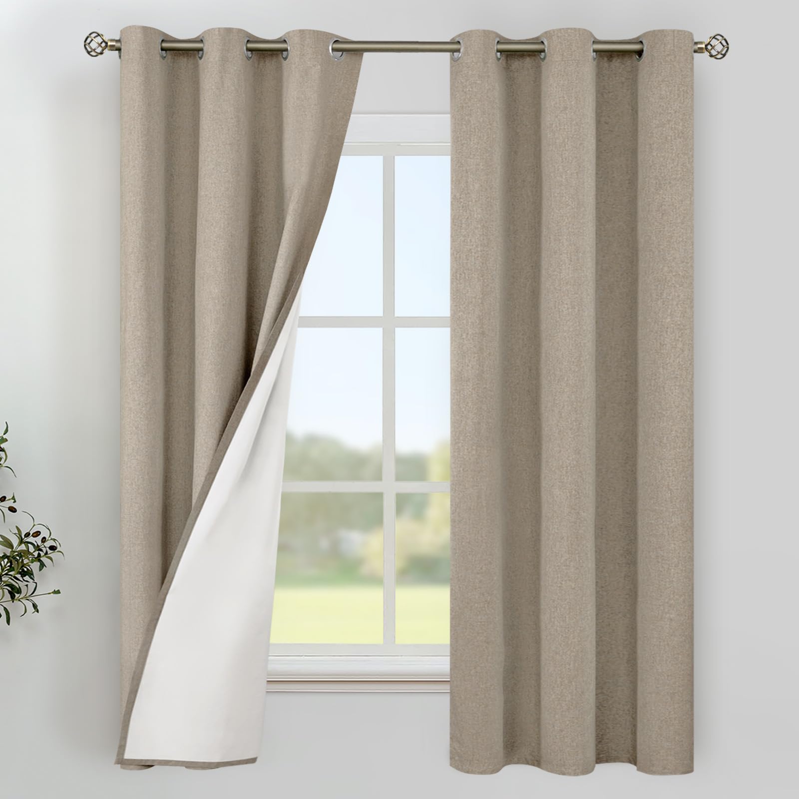 YoungsTex Linen Blackout Curtains 63 Inches Long for Bedroom, Room Darkening Window Drapes with Grommet Thermal Insulated Black Out for Living Room, 2 Panels, 52 X 63 Inch