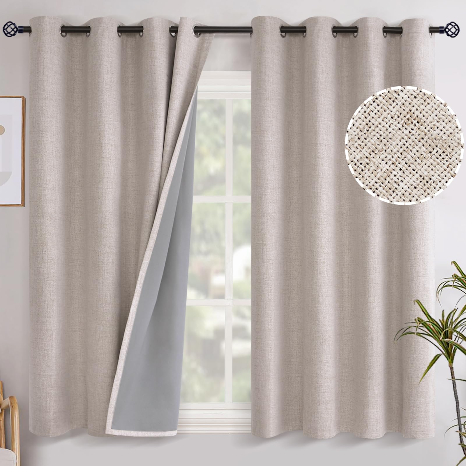 YoungsTex Linen Blackout Curtains 63 Inch Length for Bedroom, Room Darkening Window Drapes with Grommet Thermal Insulated Black Out Blinds for Living Room, 2 Panels, 52 X 63 Inch, Beige
