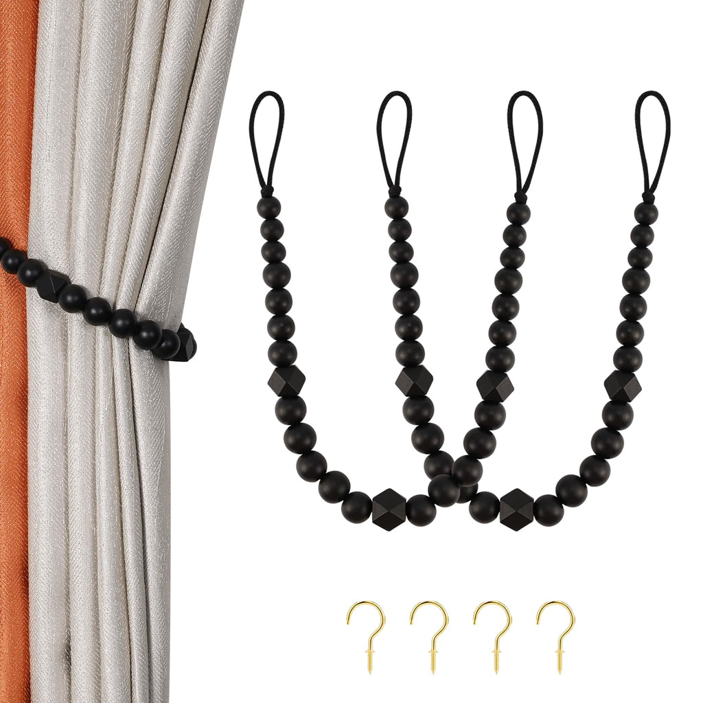 Wood Bead Curtain Tiebacks, KLOGTSIND Set of 2 Curtain Holdbacks for Thin or Thick Window Draperies, Boho Farmhouse Curtain Tiebacks with Hooks, Curtain Tie Backs for Home Office Room Decor