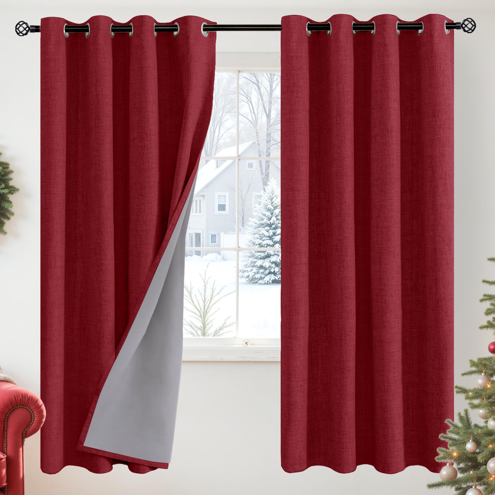 YoungsTex Linen Blackout Curtains 63 Inch Length for Bedroom, Room Darkening Window Drapes with Grommet Thermal Insulated Black Out Blinds for Living Room, 2 Panels, 52 X 63 Inch, Beige