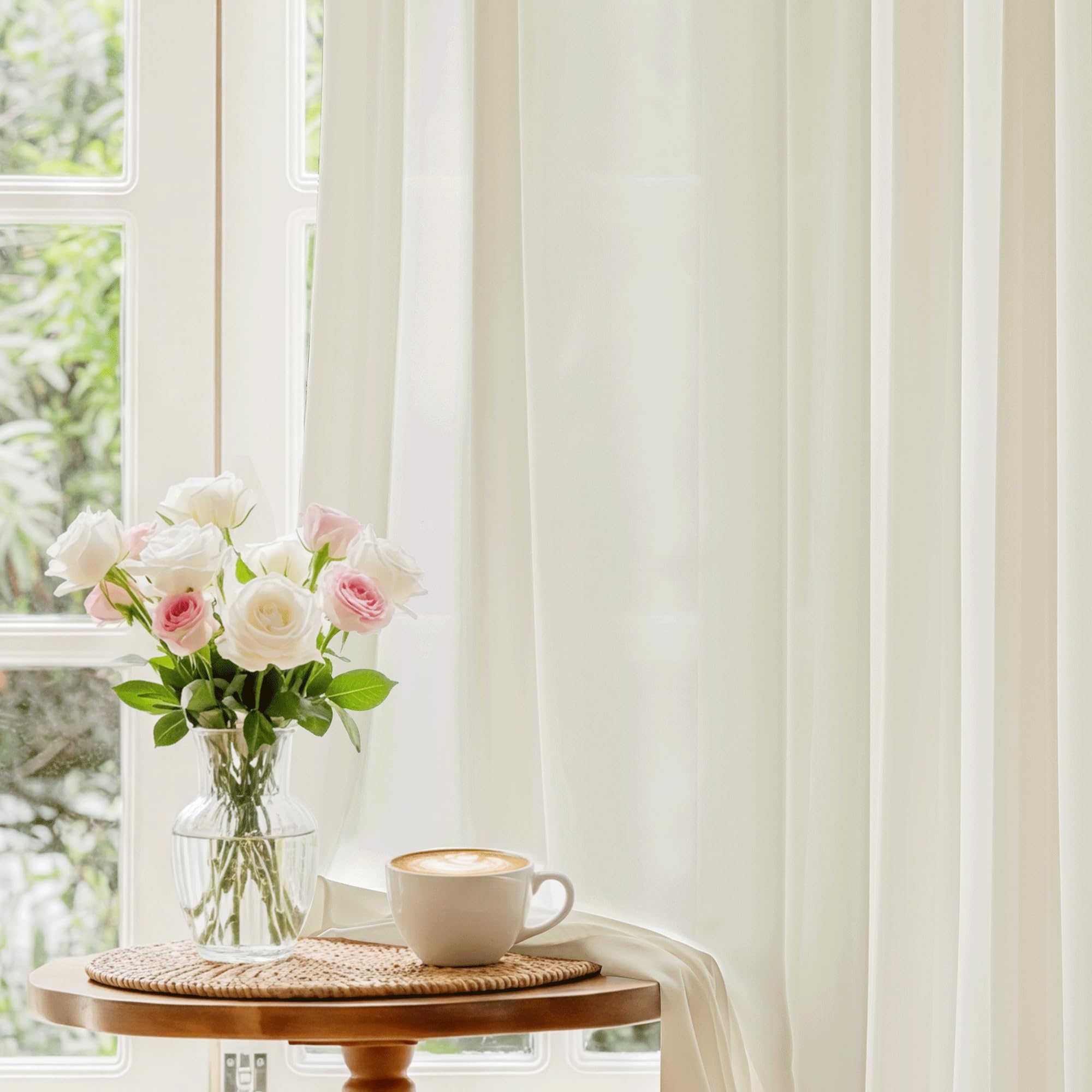 Beauoop Soft White Semi Sheer Curtains 84 Inches Long 2 Panels for Living Room Bedroom Faux Silk Light Filtering Non-See-Through Privacy Airy Rod Pocket Voile Window Treatment Drapes, 52x84 Set of 2