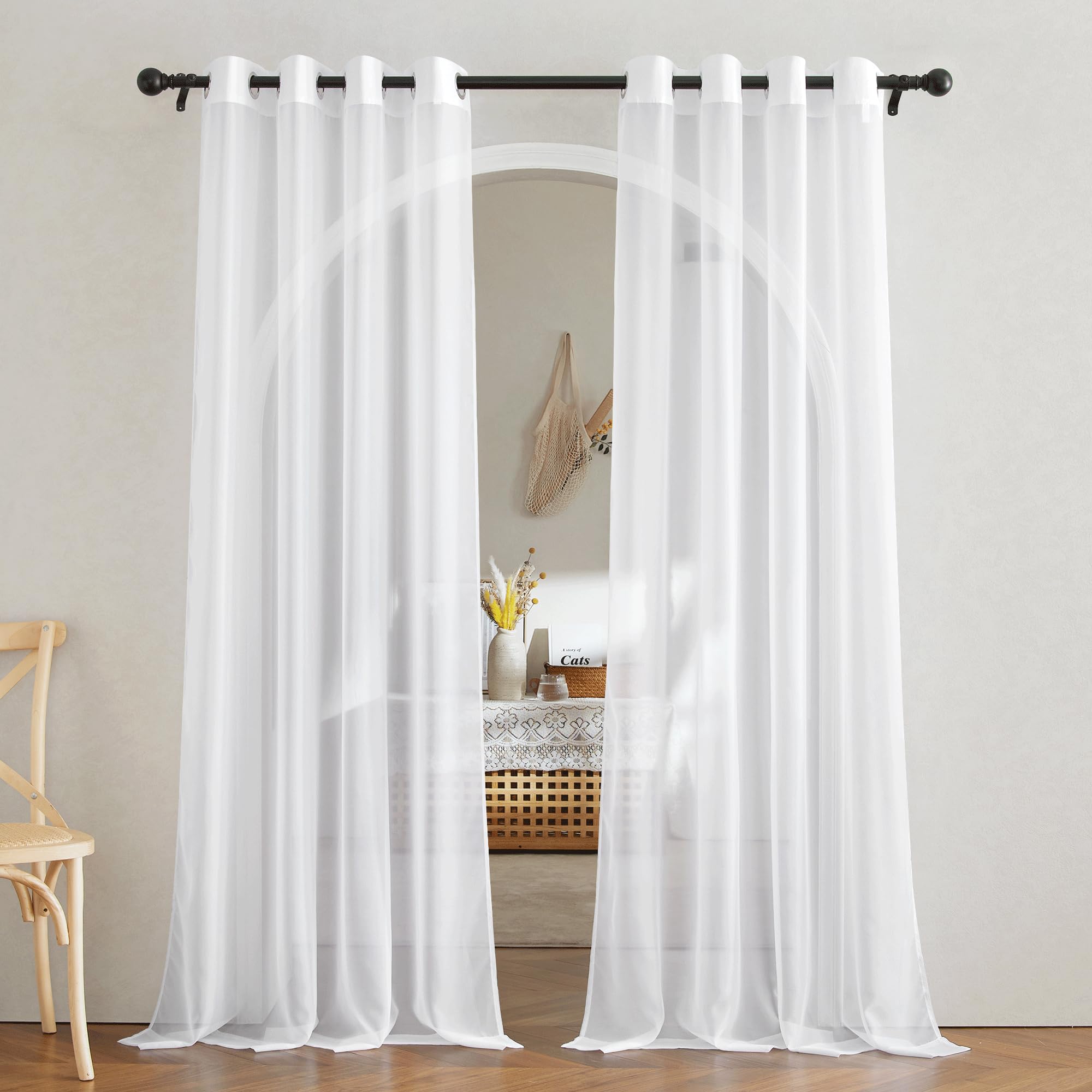 NICETOWN Sheer Curtains Panel 72" Long - Ring Top Window Treatment Sheer Voile Drapes for Bedroom/Living Room (White, Set of 2, W54 x L72)