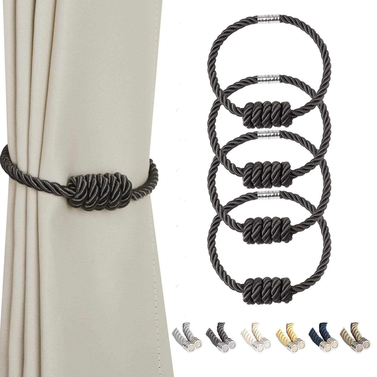 BEL AVENIR Magnetic Jute Curtain Tiebacks, Decorative Drapery Holdbacks Bohemian Style Woven Tie-Backs with Exquisite Knot (Jute, 2 Pack)