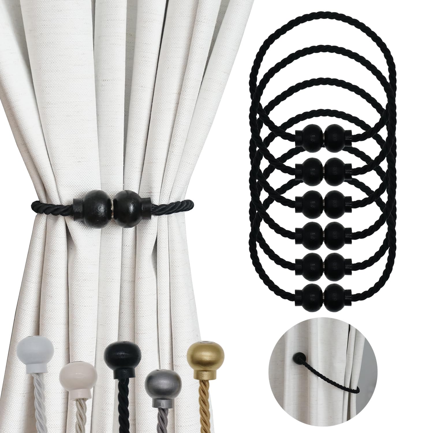 2 Pack Magnetic Curtain Tiebacks Modern Handmade Rope Curtain Tie Backs Decorative Drapes Weave Holdbacks for Home Outdoor Bedroom Office Decorative Curtain, Gold