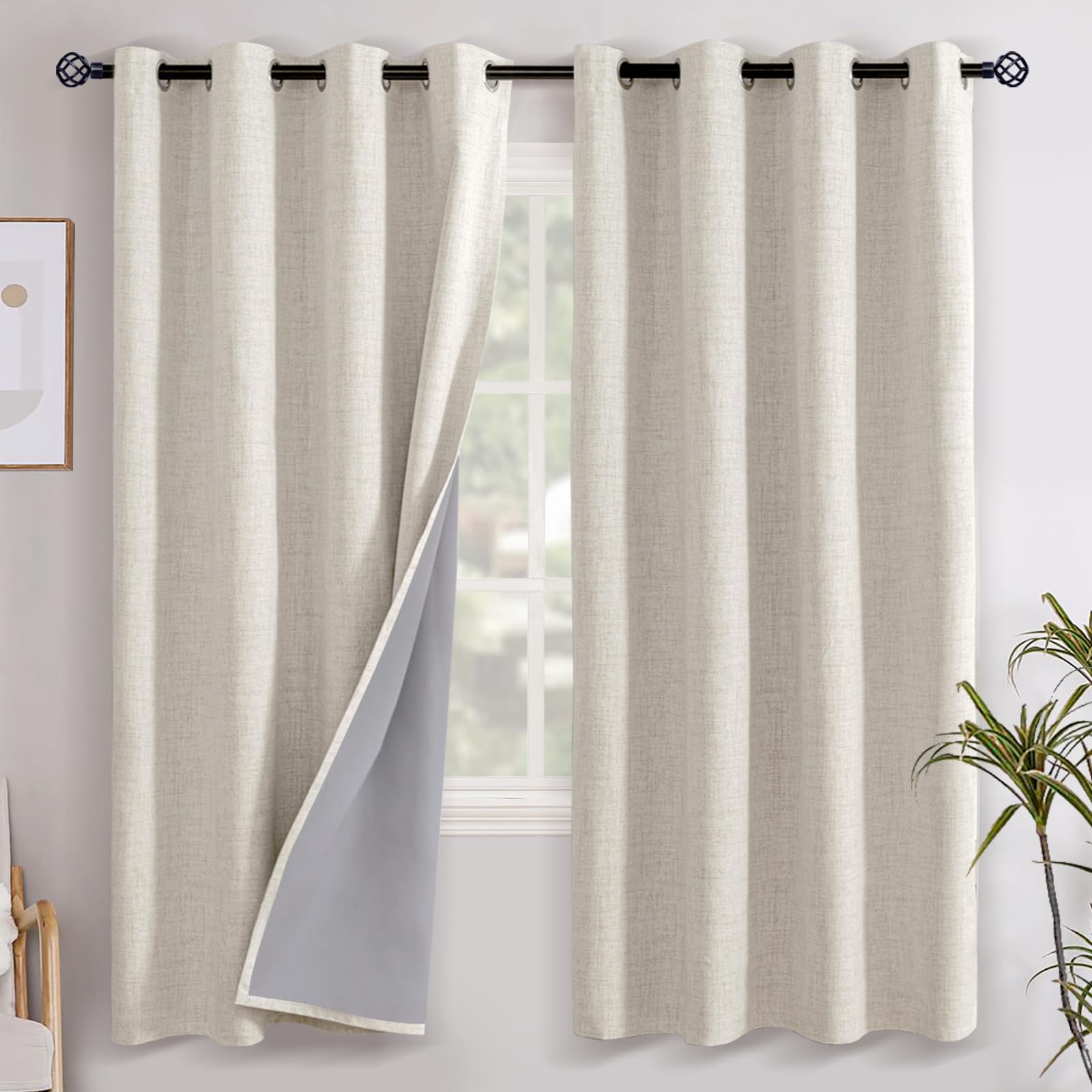 YoungsTex Linen Blackout Curtains 63 Inch Length for Bedroom, Room Darkening Window Drapes with Grommet Thermal Insulated Black Out Blinds for Living Room, 2 Panels, 52 X 63 Inch, Beige