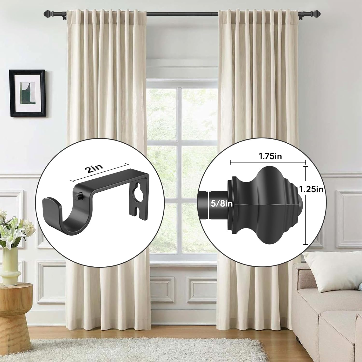 Curtain Rods for Windows 2 Pack 36-48 inch, 5/8 inch Matte Black Curtain Rod with Brackets Adjustable by Splicing for Bedroom Kitchen Study Living Room