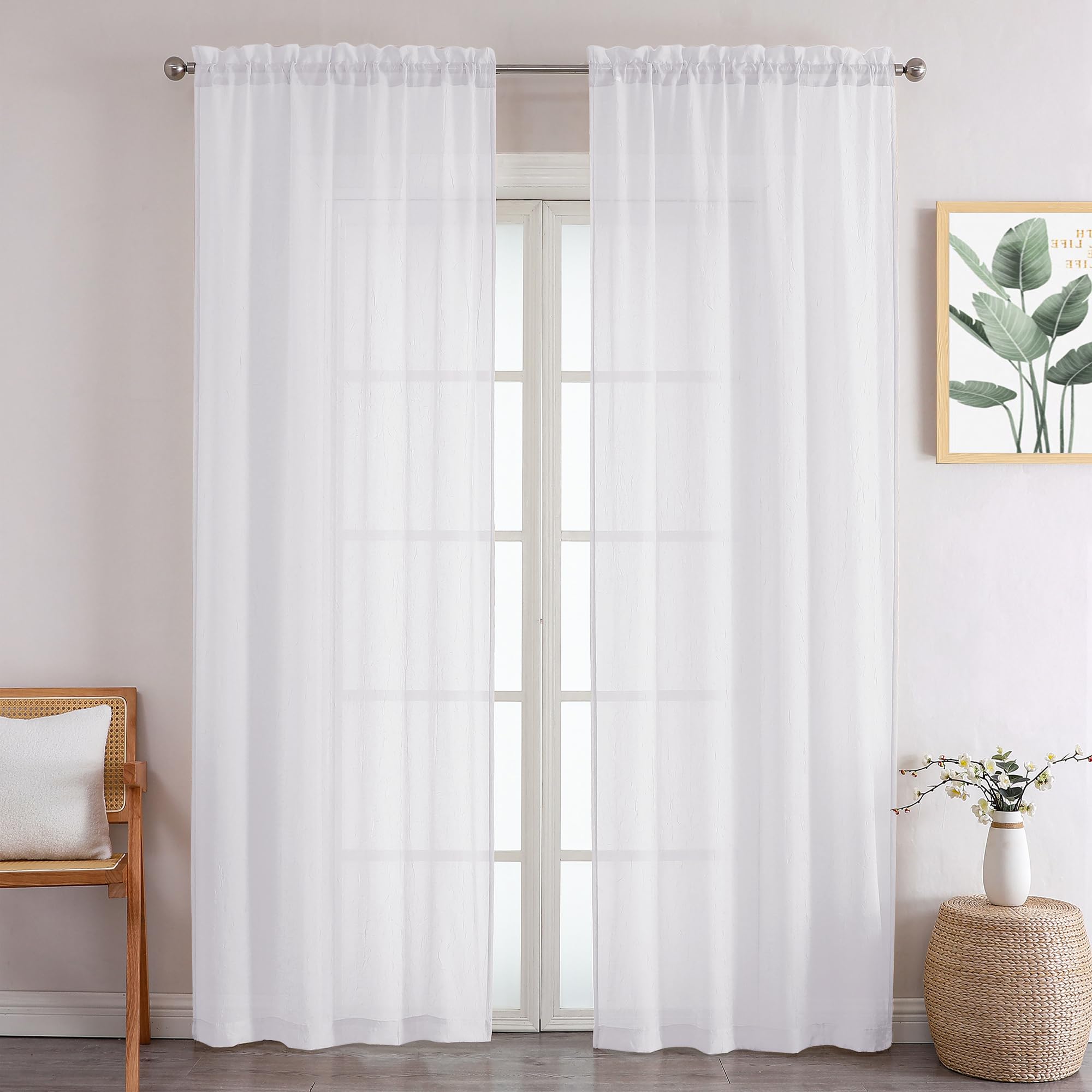 Chyhomenyc Crushed Sheer White Curtains 84 Inch Length 2 Panels, Light Filtering Solid Crinkle Voile Lightweight Textured Sheer Curtian for Bedroom, Each 42Wx84L Inches