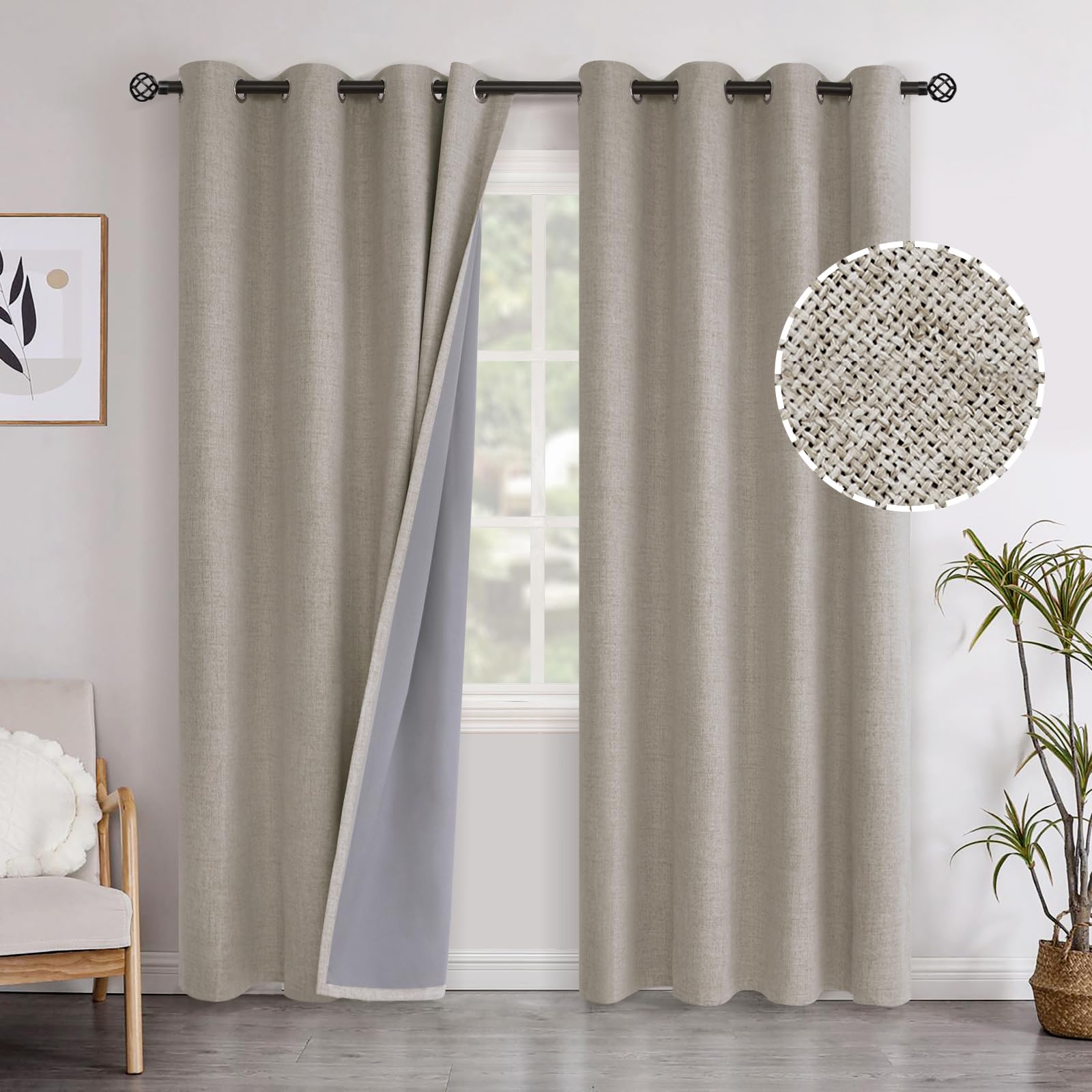 YoungsTex Linen Blackout Curtains 63 Inch Length for Bedroom, Room Darkening Window Drapes with Grommet Thermal Insulated Black Out Blinds for Living Room, 2 Panels, 52 X 63 Inch, Beige