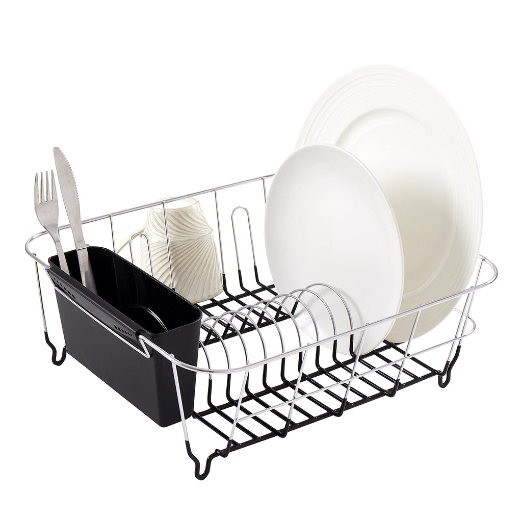 Dish Drying Rack & Cutlery Holder 2 Piece Set - Compact Sink-Fitting Dish Drainer with Rubberized Undercoating, Space-Saving Kitchen Organizer for Plates, Cups, Bowls & Utensils in Sink, Silver