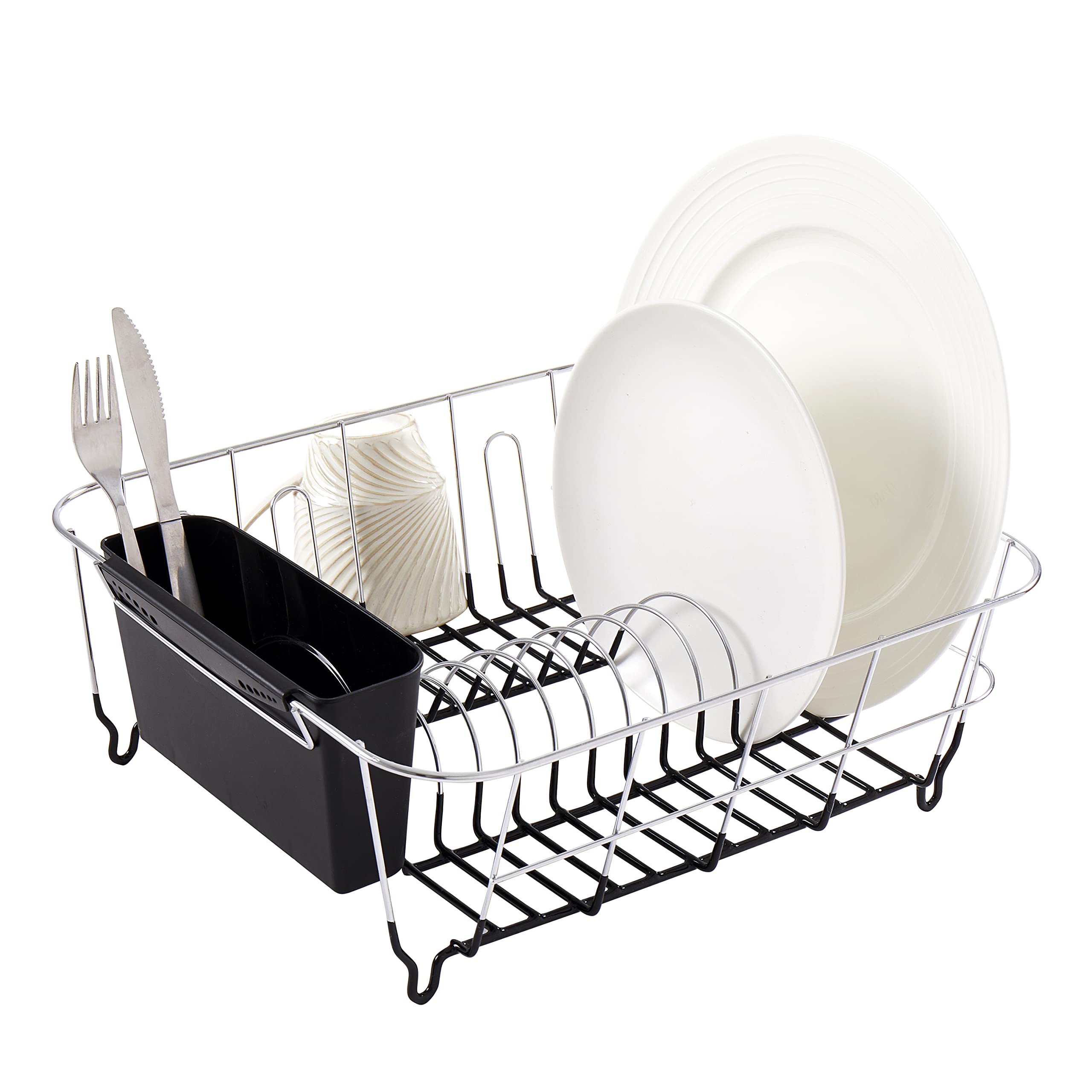 Dish Drying Rack & Cutlery Holder 2 Piece Set - Compact Sink-Fitting Dish Drainer with Rubberized Undercoating, Space-Saving Kitchen Organizer for Plates, Cups, Bowls & Utensils in Sink, Silver