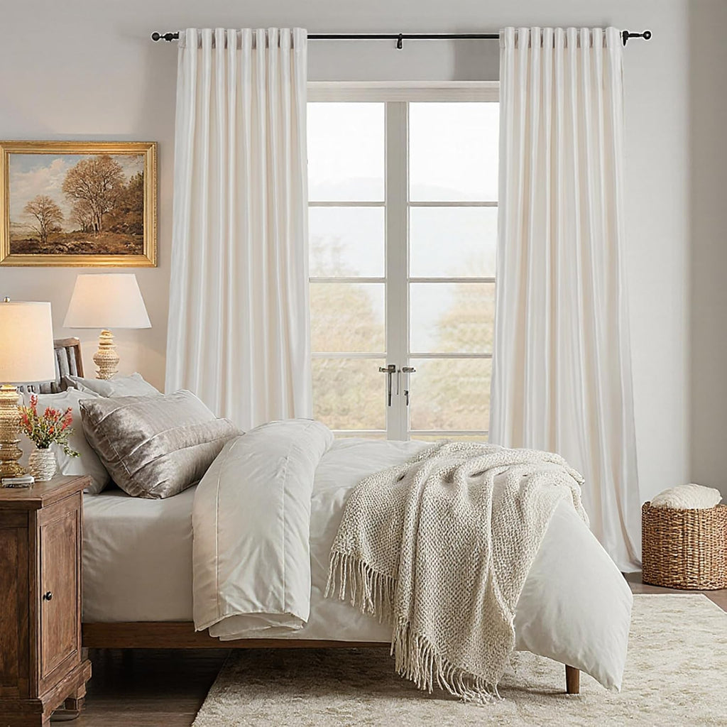 100% Blackout Ivory Off White Velvet Curtains 84 inch Long for Living Room,Set of 2 Panels Liner Rod Pocket Back Tab Thermal Window Drapes Room Darkening Heavy Decorative Curtains for Bedroom