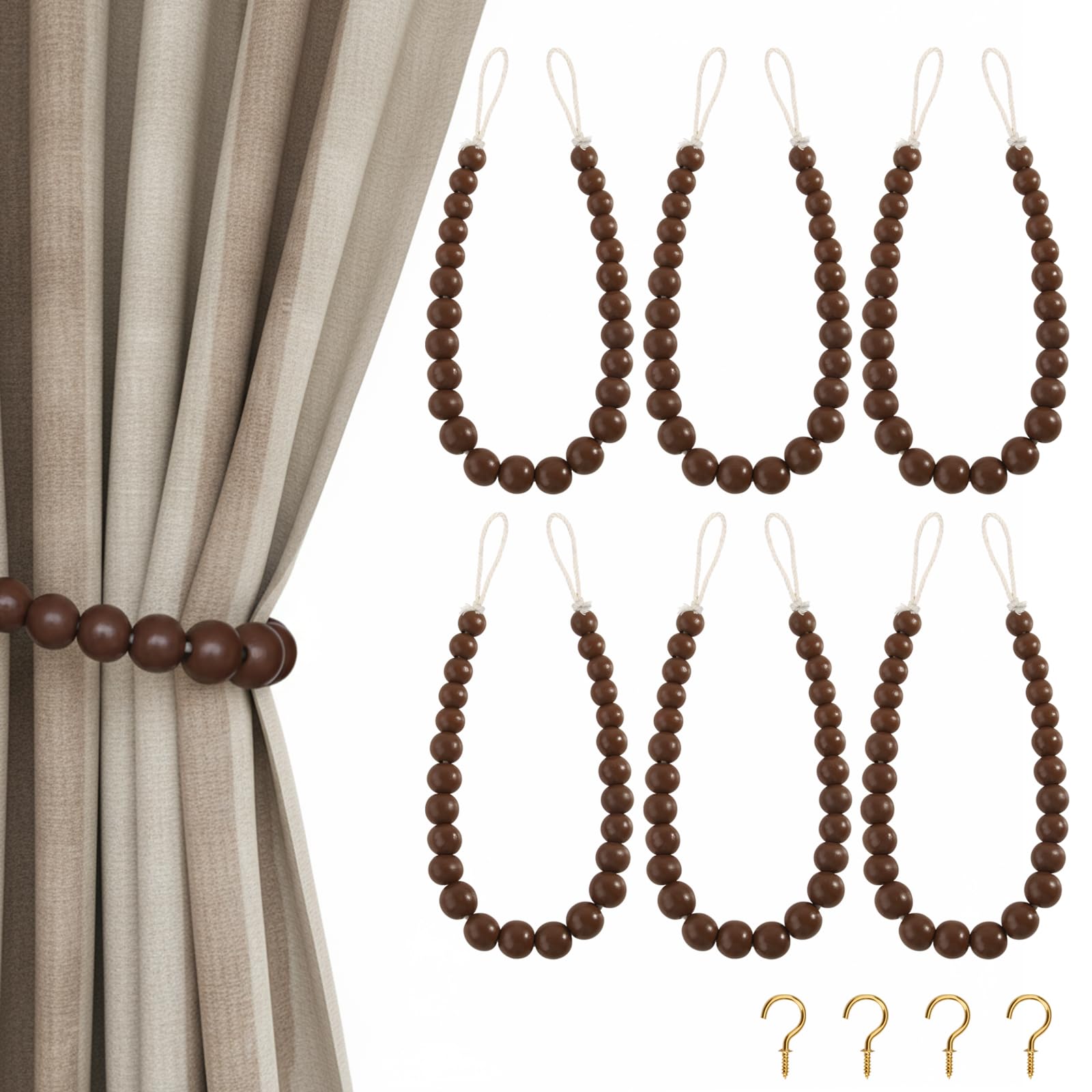 Hion 2 Pcs Boho Curtain Tiebacks,Wood Beads Curtain Holdbacks,Outdoor Farmhouse Tie Backs for Curtains,Curtain Holders for Drapes Home Office Decor with Hooks(Wood Color)
