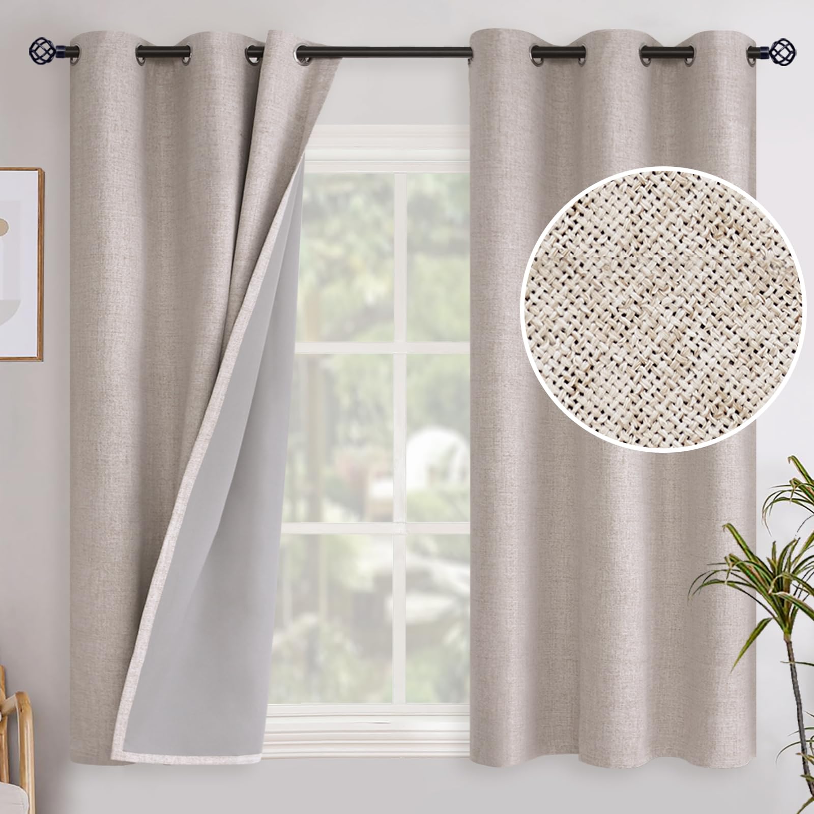 YoungsTex Linen Blackout Curtains 63 Inch Length for Bedroom, Room Darkening Window Drapes with Grommet Thermal Insulated Black Out Blinds for Living Room, 2 Panels, 52 X 63 Inch, Beige